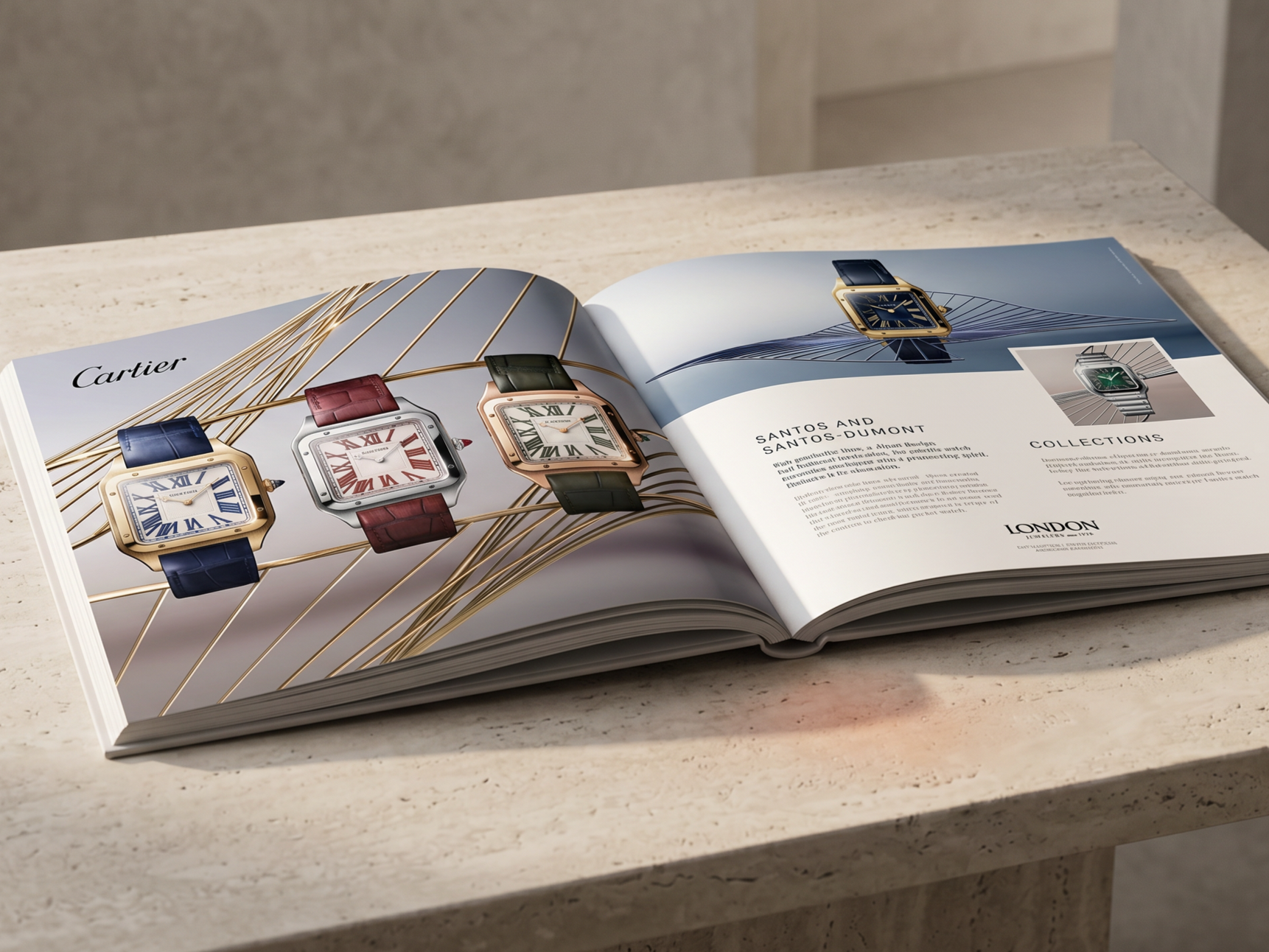 An open book displaying Cartier watches, with three models on the left page and two on the right page, featuring elegant designs and descriptions.