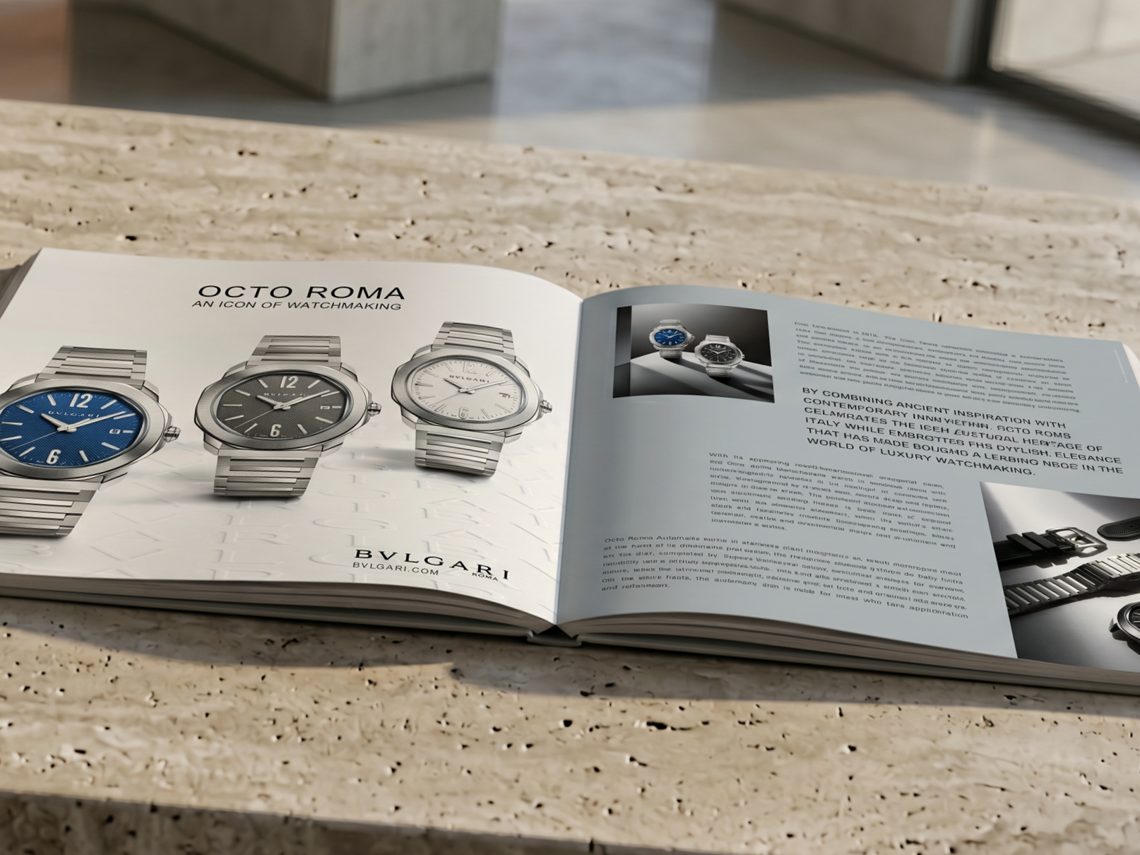 Open book featuring Bulgari watches, with images of three wristwatches on the left page and text with additional watch images on the right page, placed on a beige, textured surface.