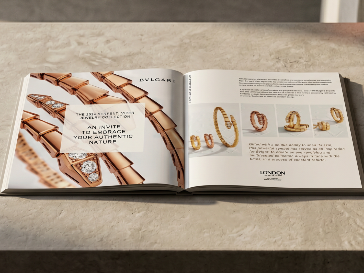 Open book featuring Bulgari jewelry with images of gold and rose gold bracelets, rings, and necklaces, and text about the 2024 Serpenti Viper jewelry collection.
