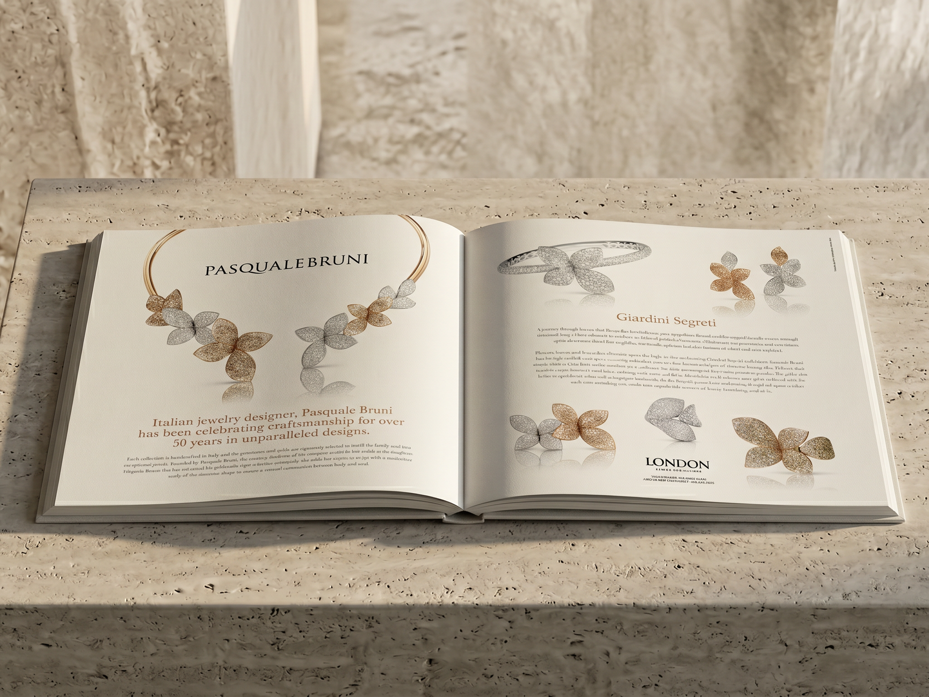 Open book displaying pages with illustrations of butterfly-shaped jewelry pieces, and text about an Italian jewelry designer and craftsmanship, laid on a beige stone or marble table.