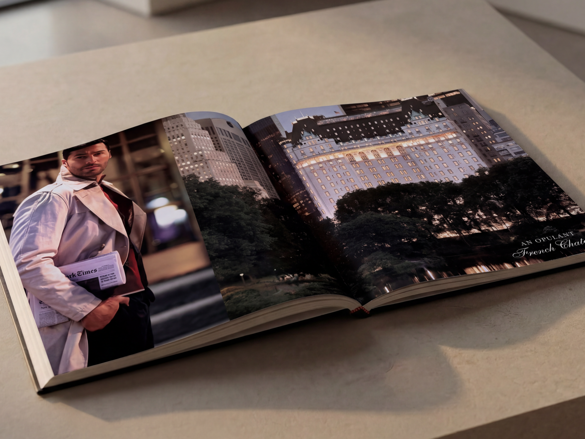 Open magazine showing a man holding a newspaper and cityscape buildings at dusk in the background.