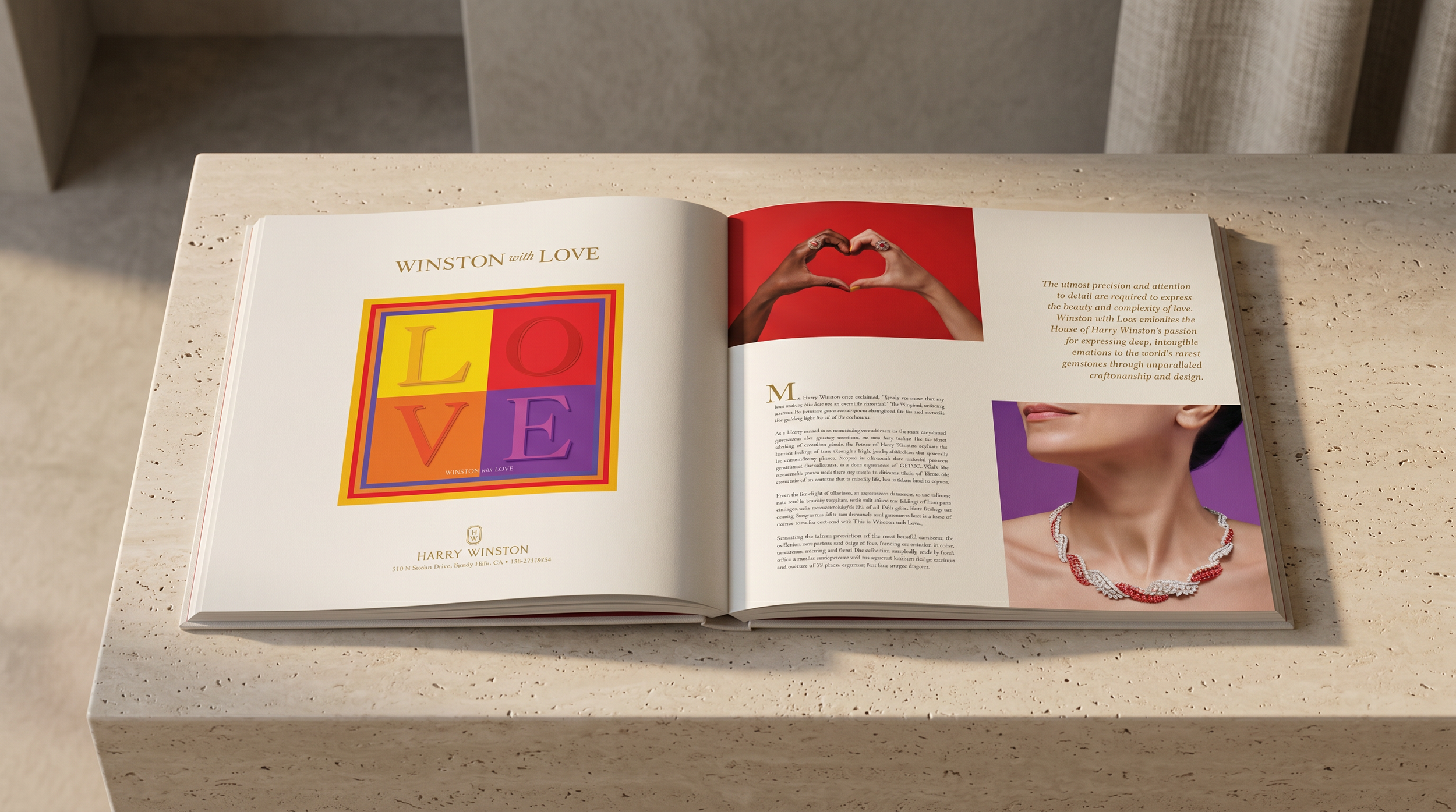Open book on a beige marble table showing a page with a colorful artwork spelling LOVE and a photo of hands forming a heart shape on a red background.