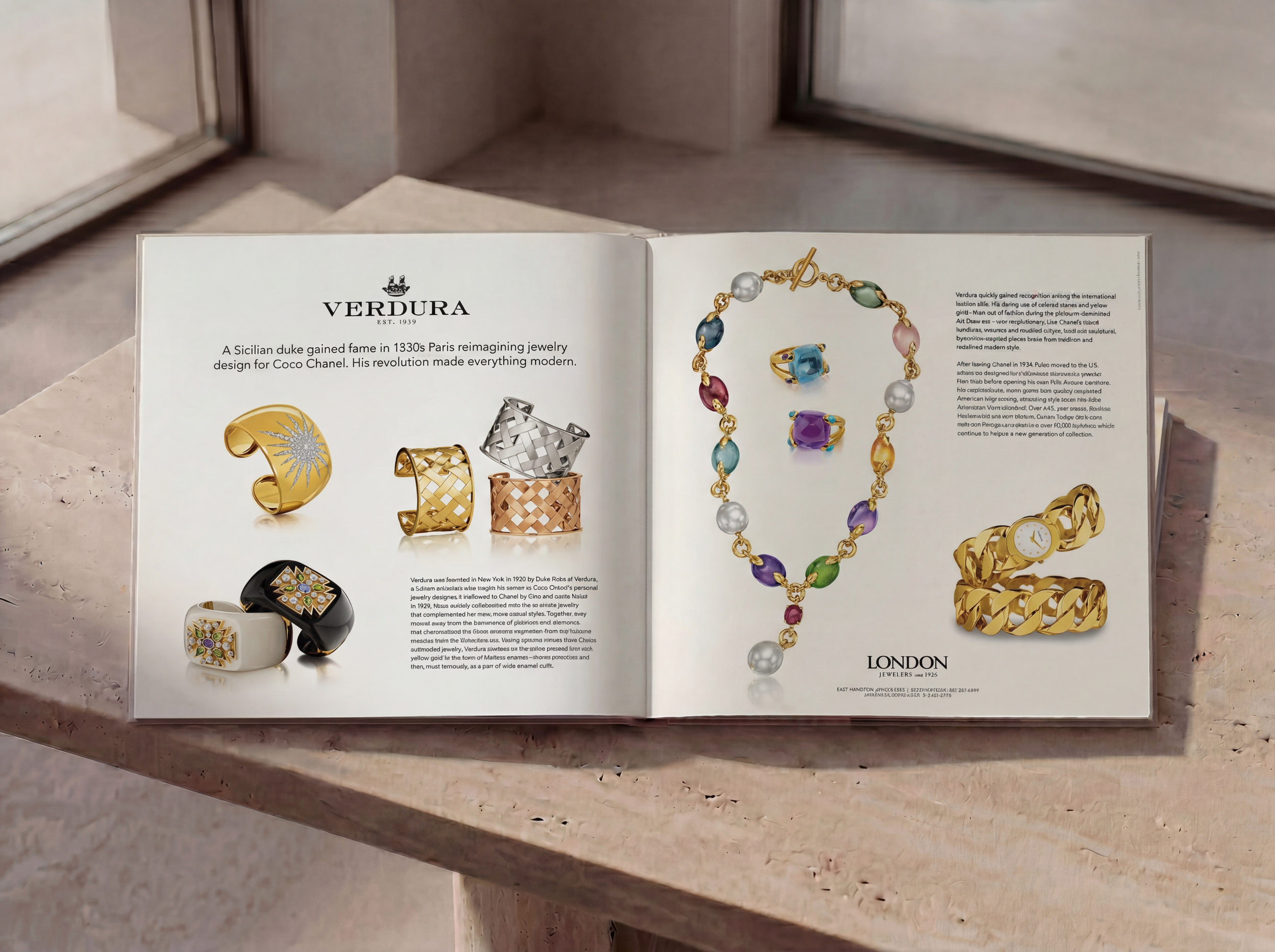 Open book displaying various rings and necklaces, including gold and silver pieces with colorful gems and pearls, on a marble or stone surface.