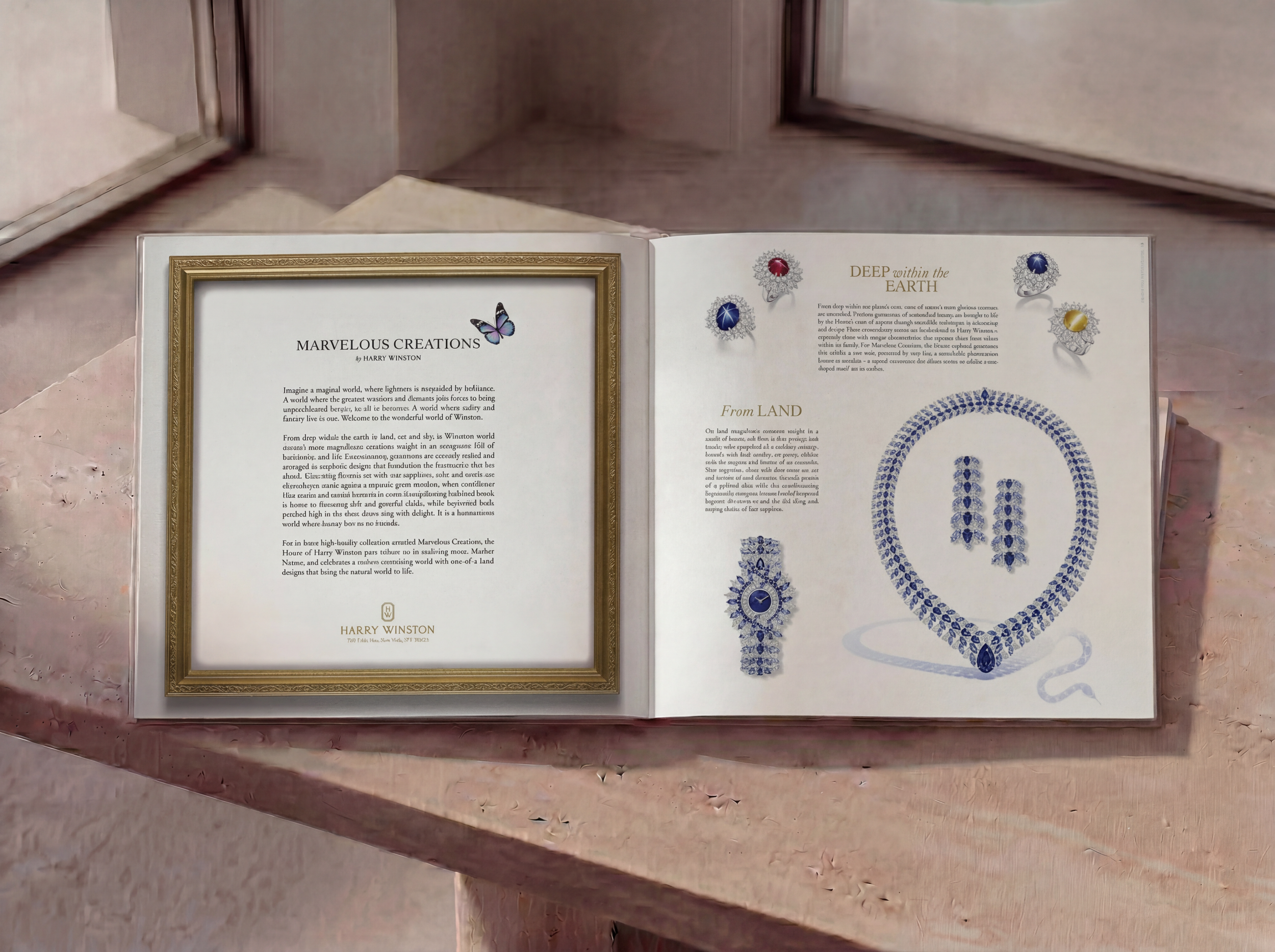 Open book showing pages with text and images of jewelry, including rings and necklaces, on a pink satin fabric background.