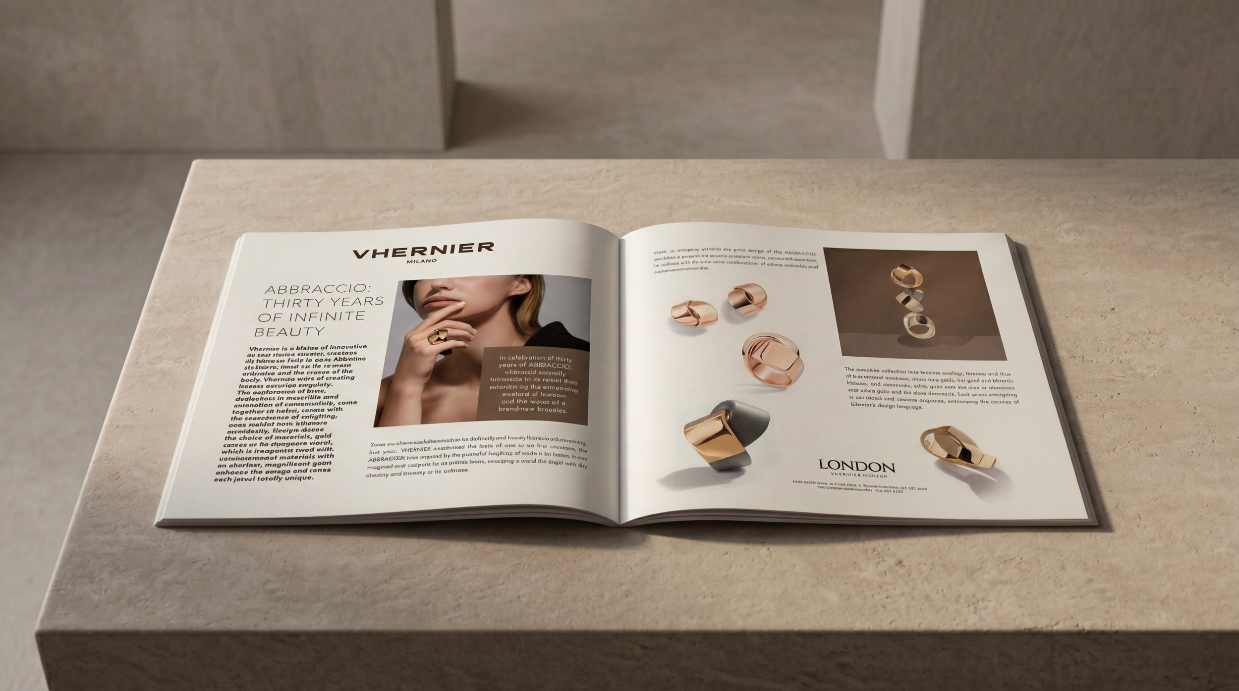 An open book on a beige table showing jewelry, including rings, with a model photo and text about the jewelry brand VHERNIER.