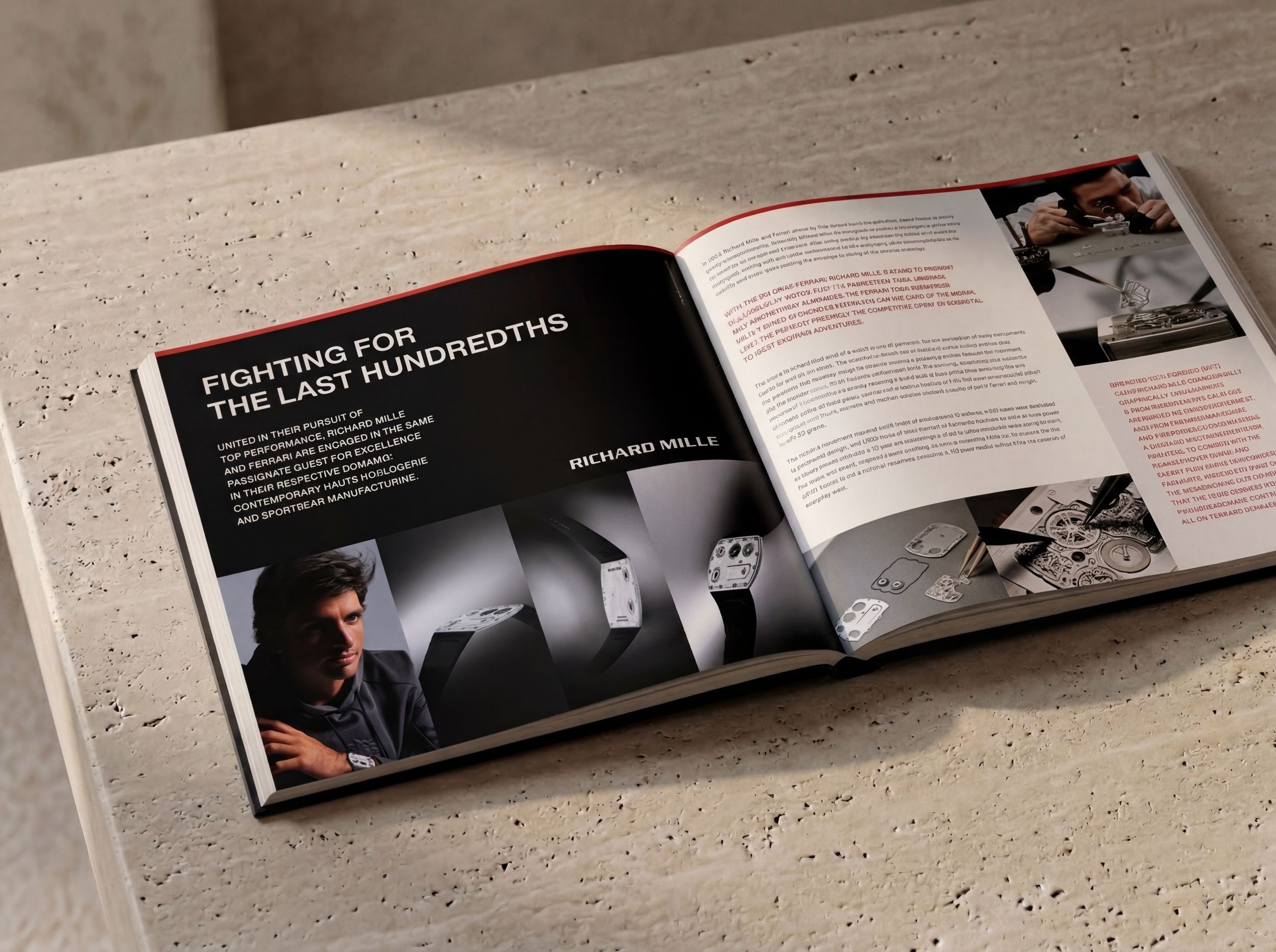 An open book on a spotted beige surface, featuring images and articles about watchmaking and Richard Mille.