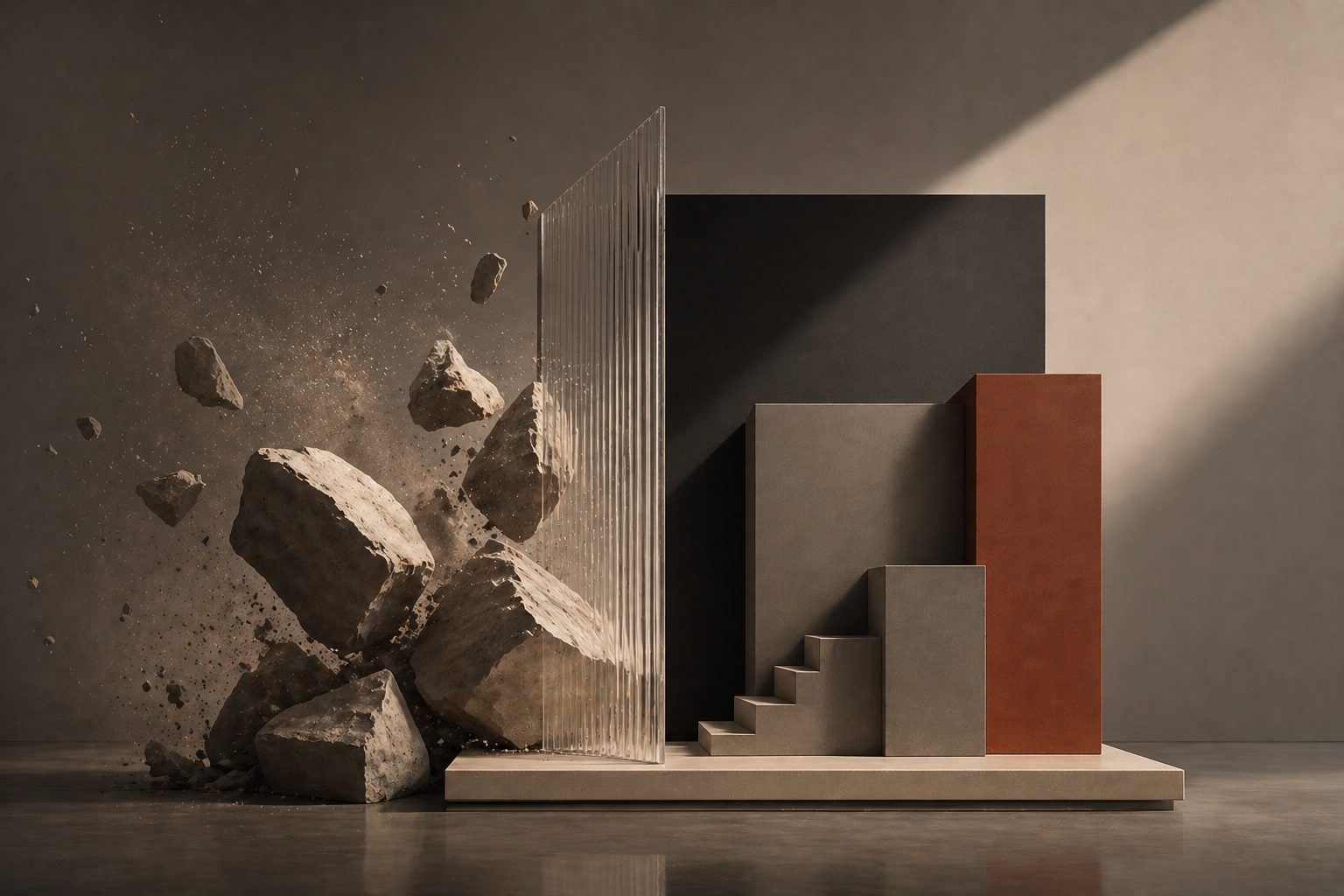 Abstract composition with floating rocks on the left and geometric blocks on the right, featuring stairs, a black and gray background, and dramatic lighting.