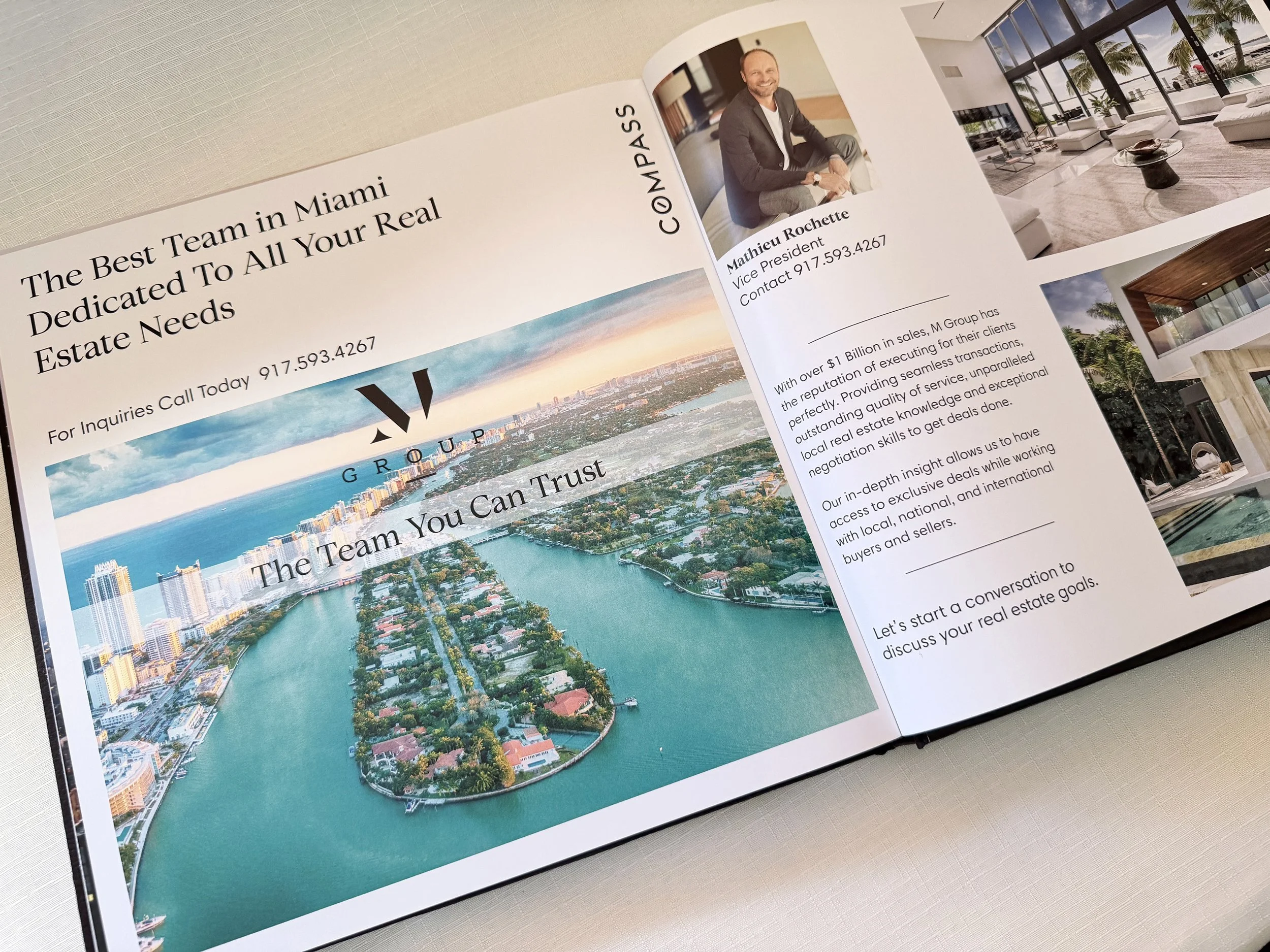 A  page featuring a Miami skyline and waterways with high-rise buildings, residential areas, and a bridge over the water. The page promotes real estate services and includes a photo of a smiling man in a suit, identified as Mathieu Rochette, Vice Pre