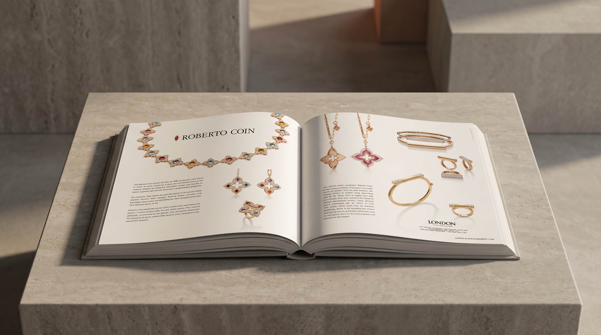 An open book displaying colorful necklaces, earrings, rings, and bracelets with the brand name 'Roberto Coin' and the word 'London' on the right page.