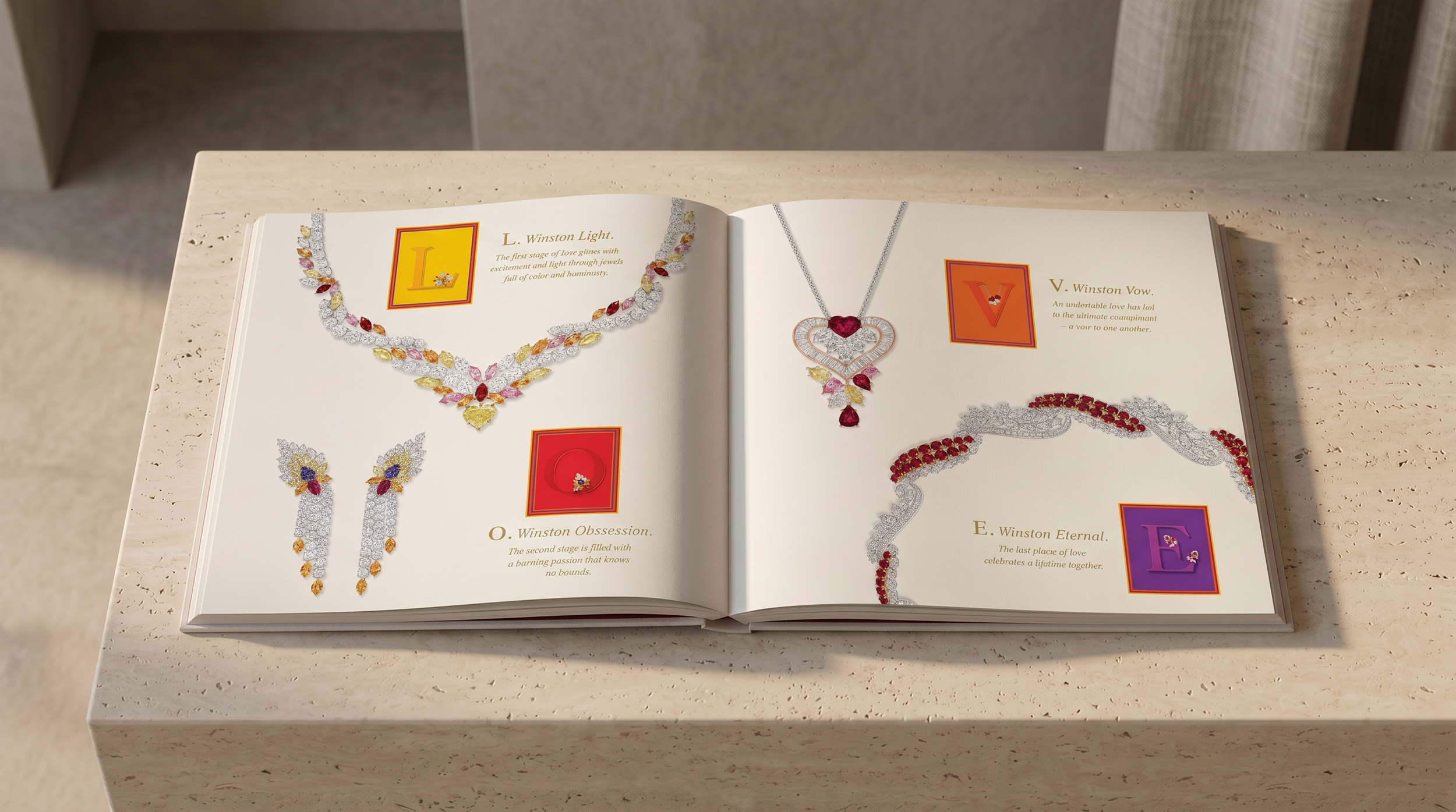 Open book displaying various diamond jewelry including necklaces, earrings, rings, and bracelets, with descriptions and colorful illustrations.