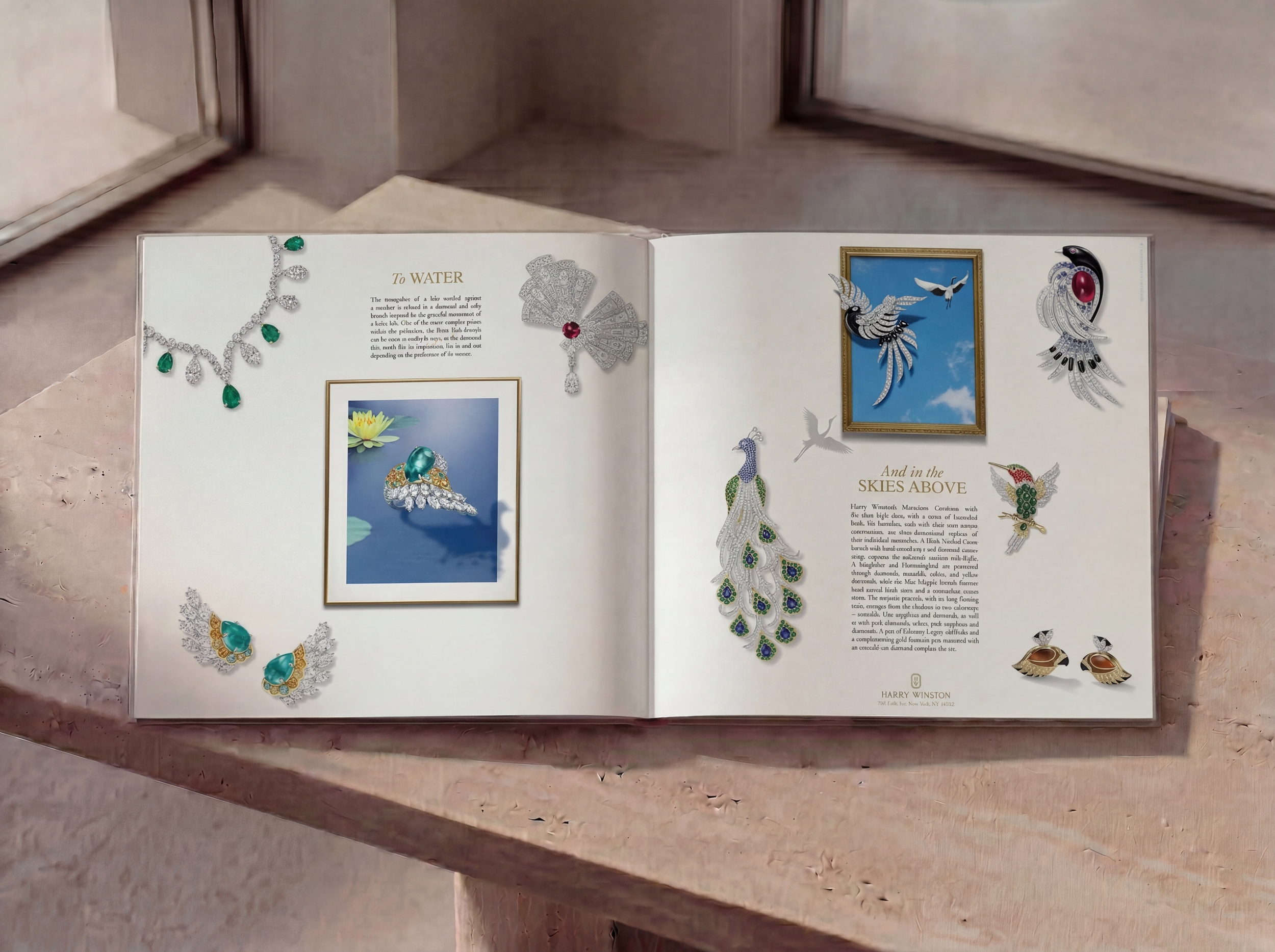 An open jewelry catalog displaying various pieces of jewelry, including diamond necklaces with green gemstones, a diamond and pearl brooch, and diamond earrings. The background has a warm beige tone and the magazine is placed on a pinkish marble surf