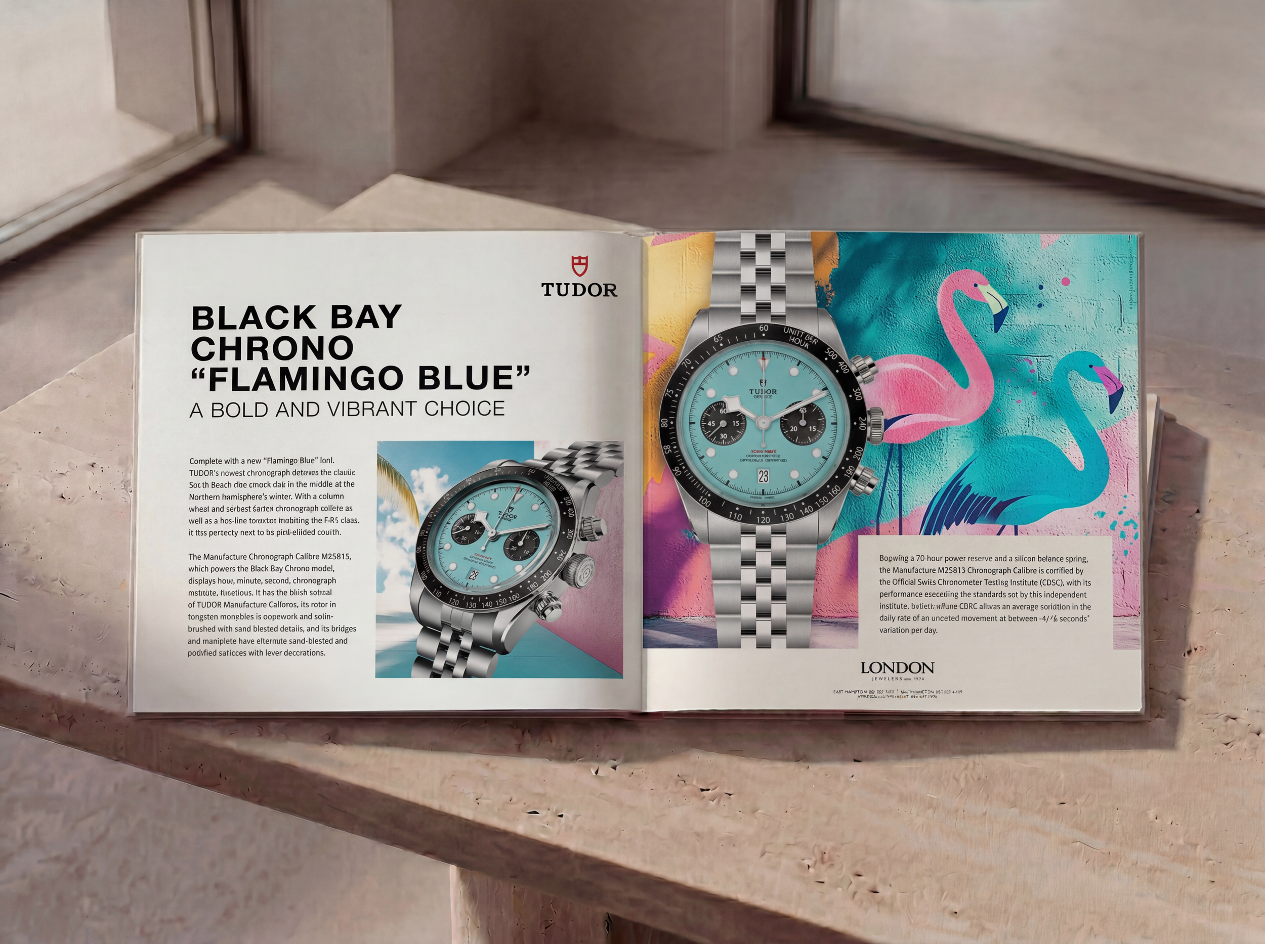 An open book or brochure featuring a Tudor Black Bay Chrono watch with a blue face and colorful flamingo artwork on one page. The text highlights the watch's bold design and technical details.