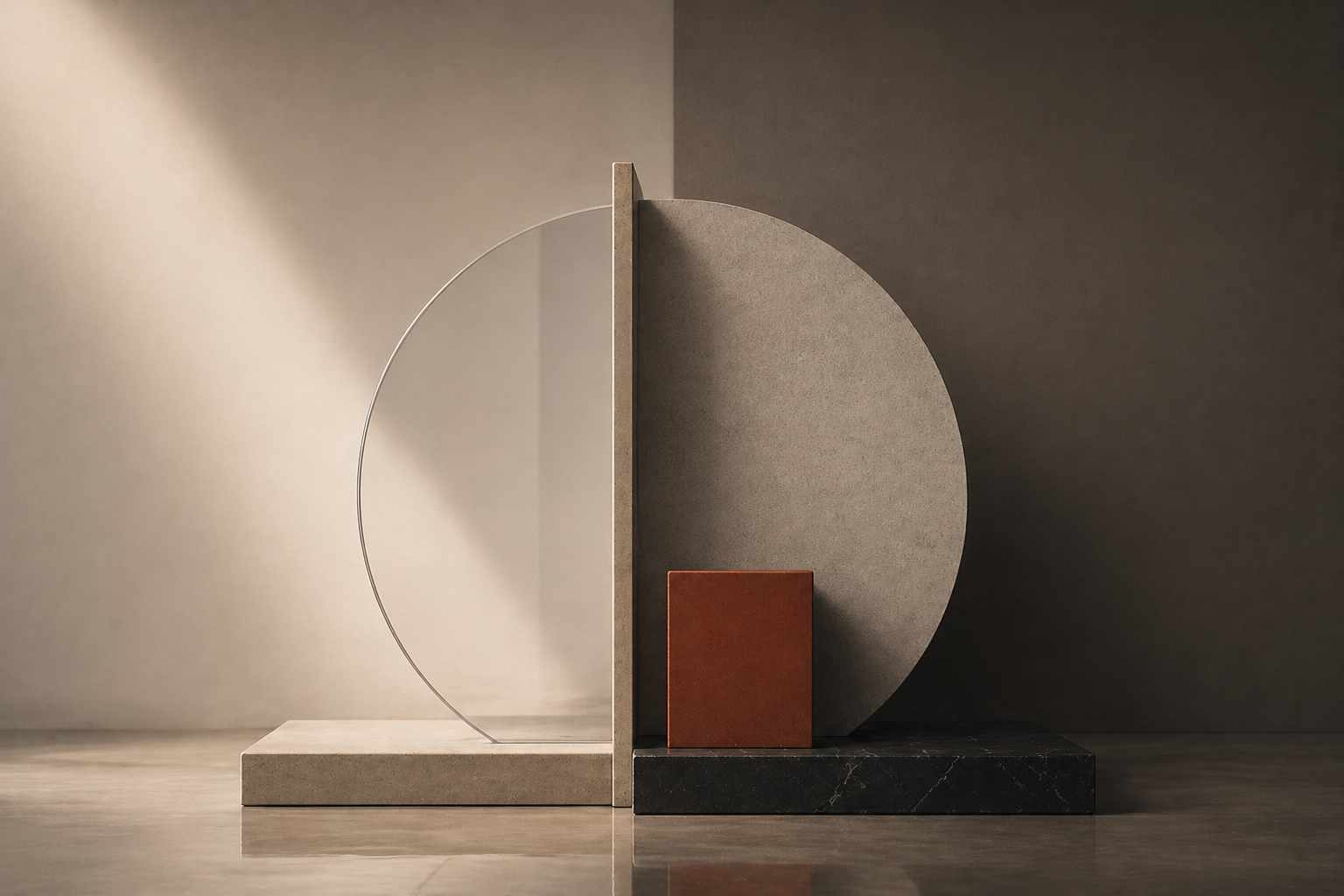 An abstract architectural shot of a flawlessly smooth white plaster wall with soft, rhythmic shadows cast by an unseen structural element. The image communicates 'Atmosphere through Order' and absolute clarity.