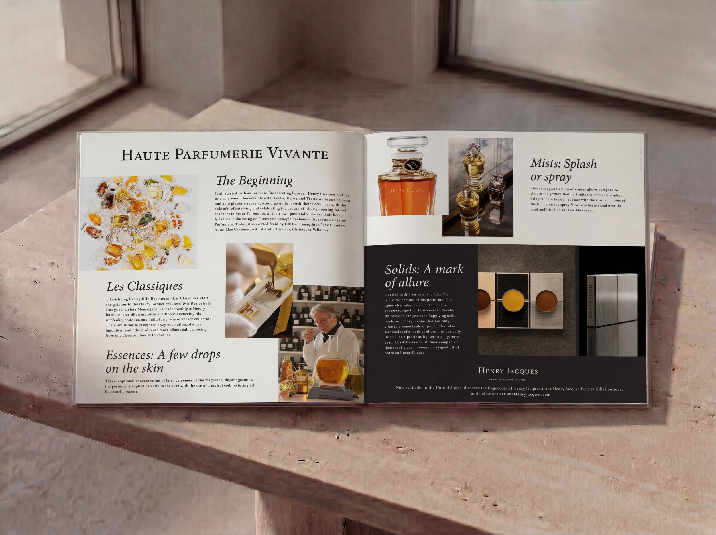 Open book about Henry Jacques perfume, showing images of perfume bottles and text on topics such as perfume beginnings, ingredients, and mist application, placed on a table.