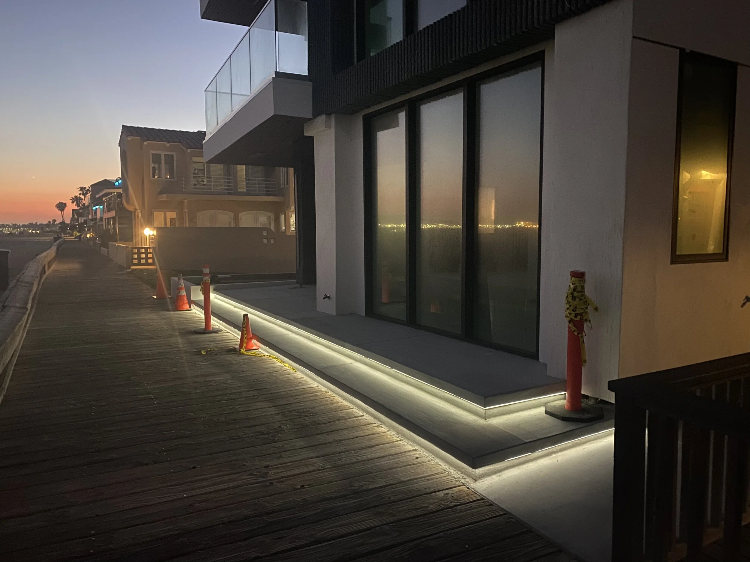 Beachfront walkway lighting at dusk at new Long Beach Peninsula home