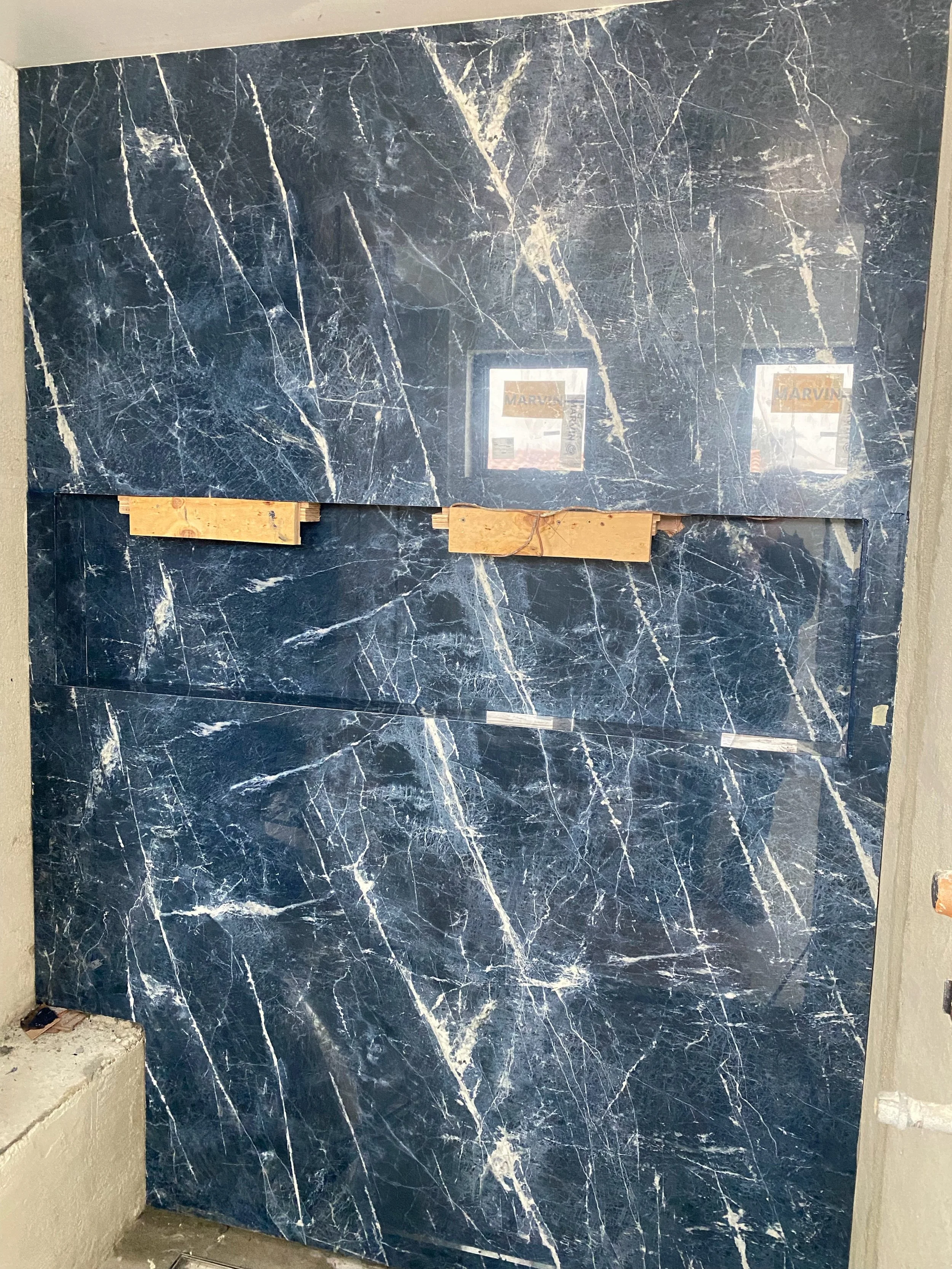 Blue stone slab feature wall in new Long Beach beach home
