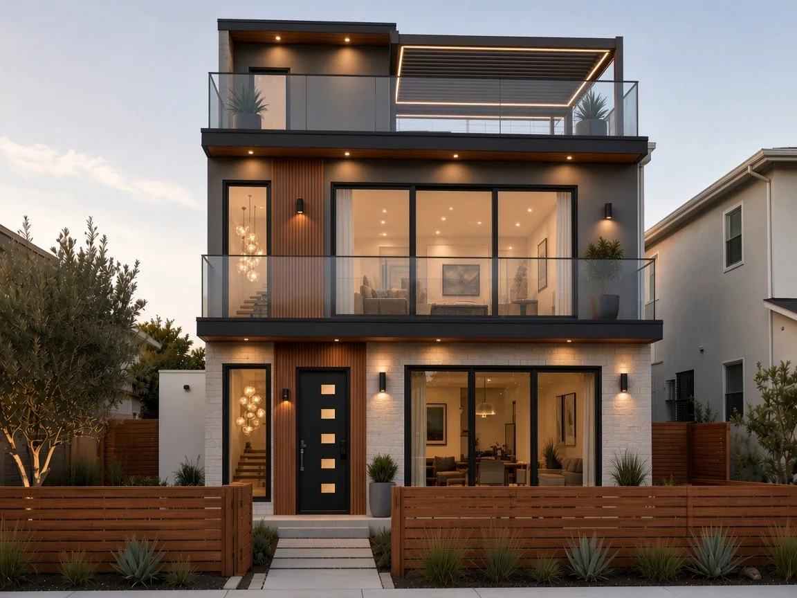 Rendering of a new custom home at 161 Santa Ana Ave in Long Beach with glass balconies and a rooftop deck