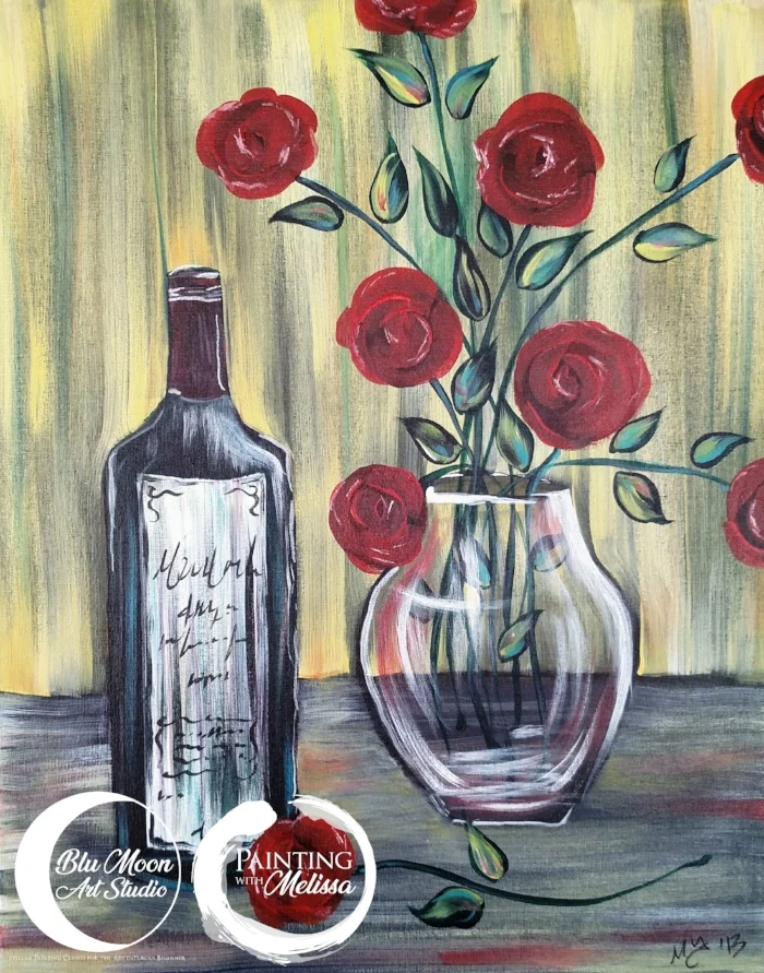 "Wine and Roses" Wine Bottle and Vase of Roses Painting
