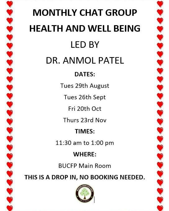 We are happy to have health professional Dr. Anmol back for a series of new monthly chat group sessions about health and wellbeing.
Next one is next week on Tuesday 29th from 11:30 to 1pm.
This is a drop in, no booking needed.
#bucfp
#healthandwellbe