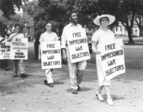 In 1943, young African American activist Bayard Rustin (2nd from right) ran campaigns and workshops on housing and civil rights from the Japanese YWCA building. Later, Rustin was a central organizer of the 1963 March on Washington. Although he was f