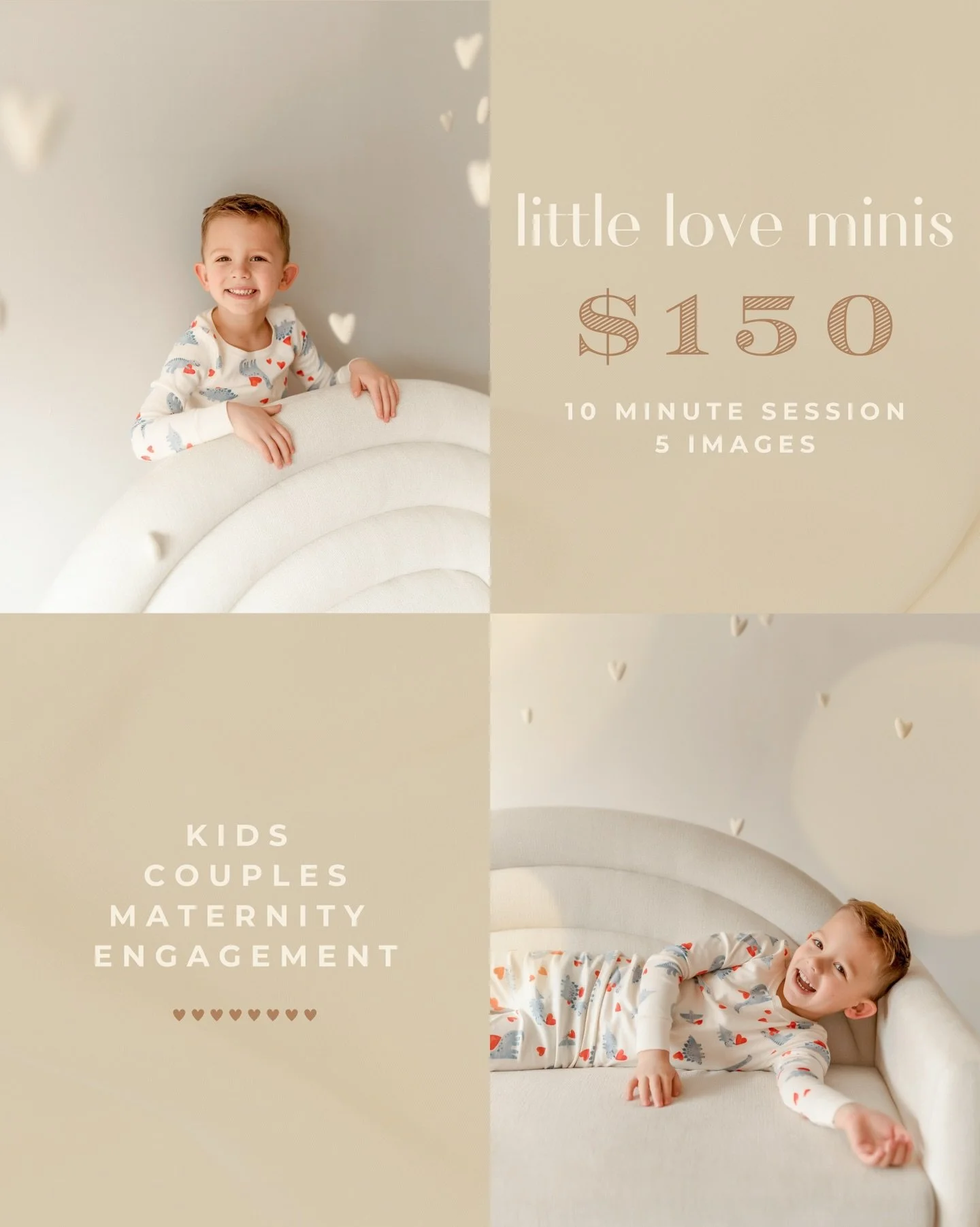 🤍 Little Love Minis 🤍

If you&rsquo;re looking for a short &amp; sweet way to get updated photos of your littles with the sweetest &ldquo;valentine inspired&rdquo; yet simple &amp; timeless...this is your setup. Little Love Minis are about personal