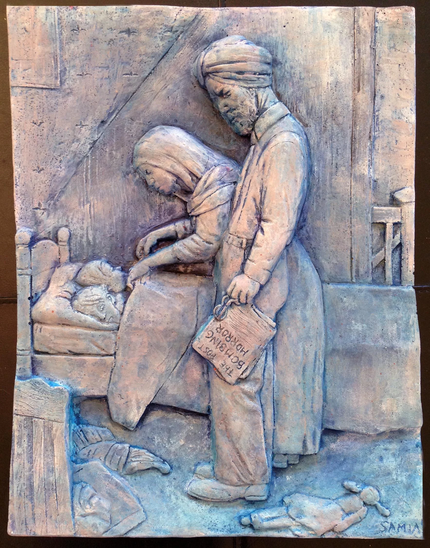 “Freedom From Fear- (A Tribute to Norman Rockwell)” 11”x14”x2” Hydrocal Plaster, and Fiberglass