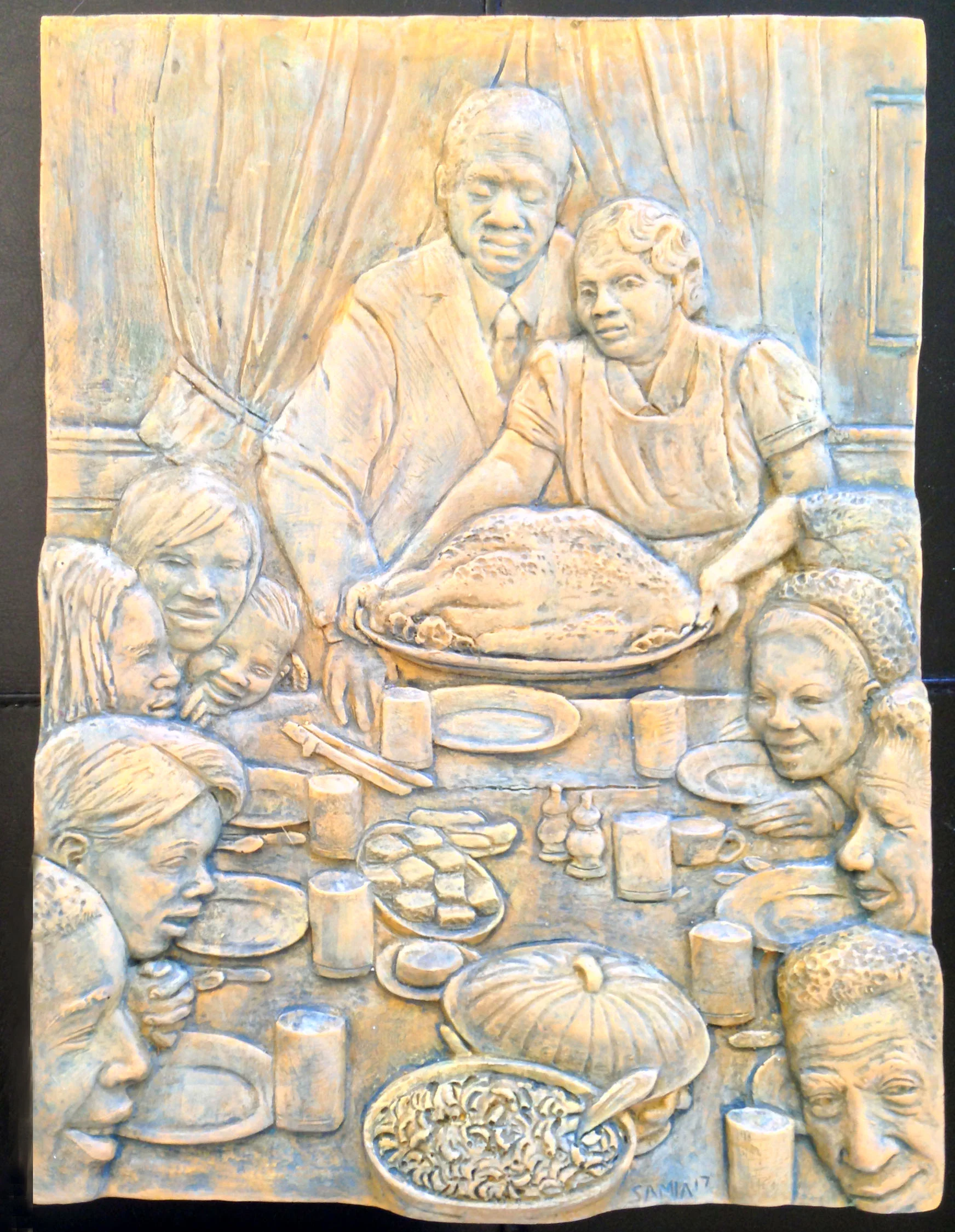 “Freedom From Want- (A Tribute to Norman Rockwell)” 11”x14”x2” Hydrocal Plaster, and Fiberglass