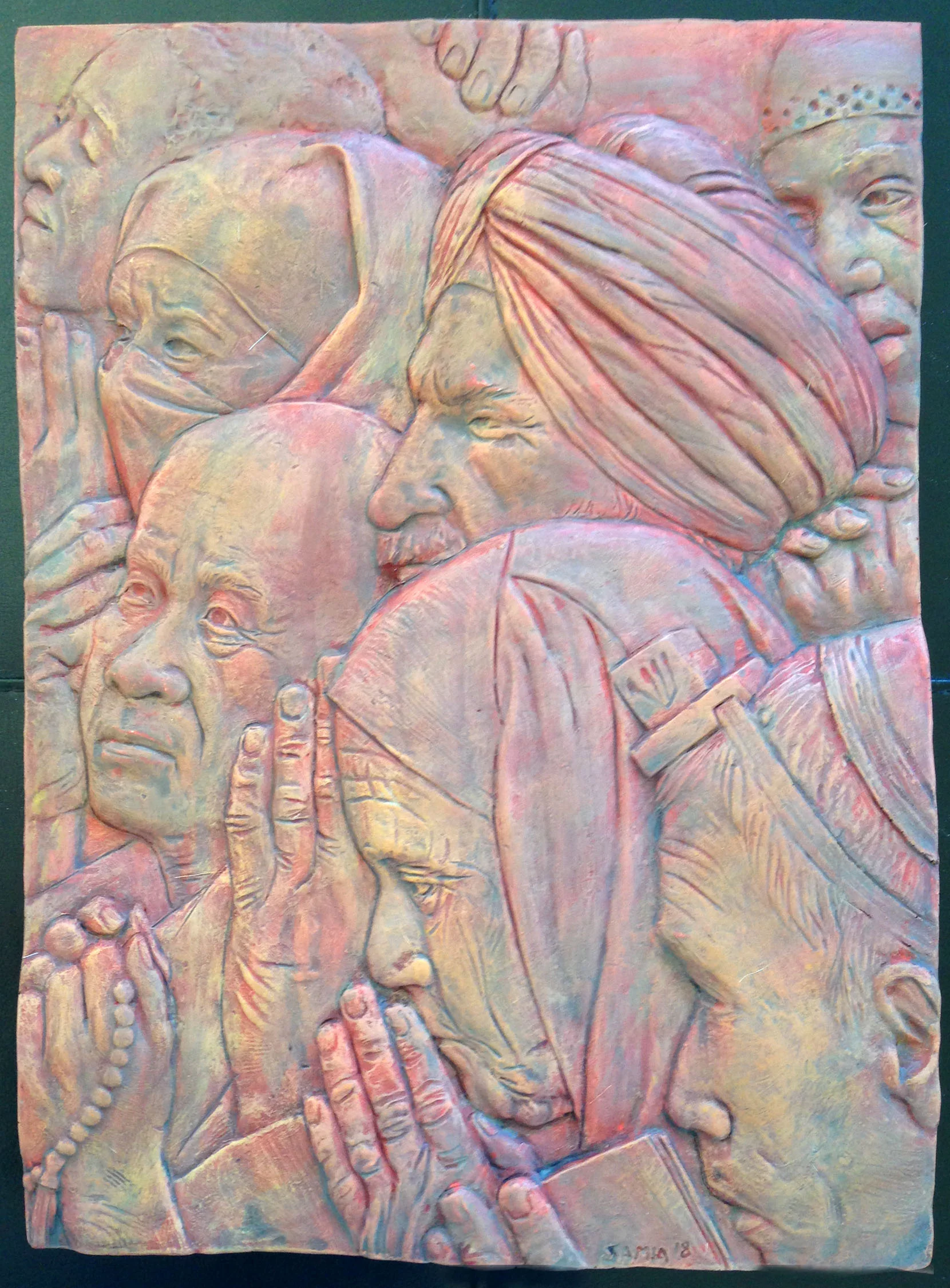 “Freedom of Religion- (A Tribute to Norman Rockwell)” 11”x14”x2” Hydrocal Plaster, and Fiberglass