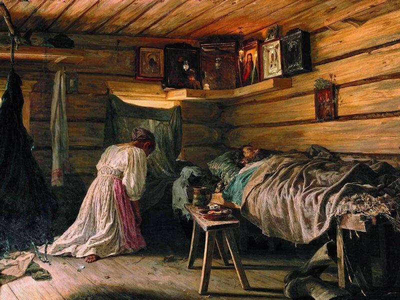 Vassily Maximov, ‘Sick Husband’, painted in 1881, showing a traditional icon corner