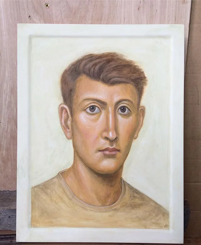 I have just finished this invented “portrait,” a commission from a dear friend living in China. It is not an icon, but I have tried to express something of spiritual depth and mystery. It is painted only with four pigments: black, white, and red and yellow ochre.