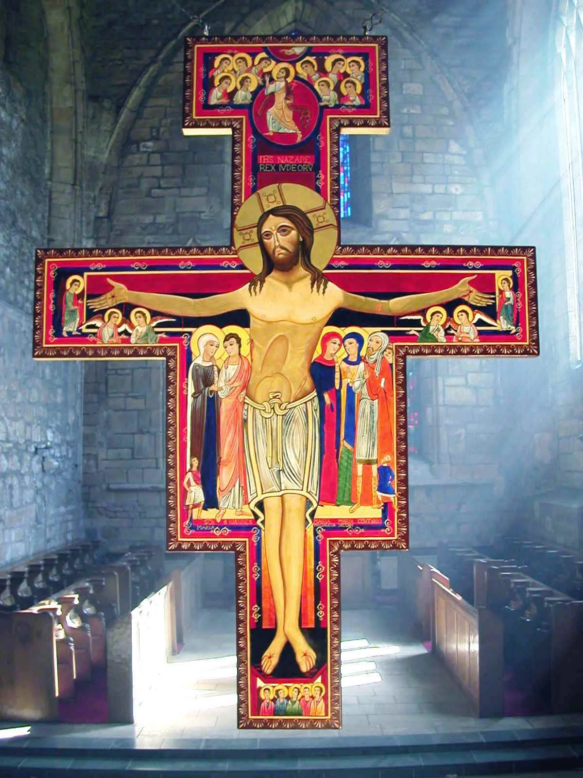 This San Damiano crucifix is double sided, so that both congregation and monks in choir can see the same image. It is 6 ft long and was painted by yours truly!