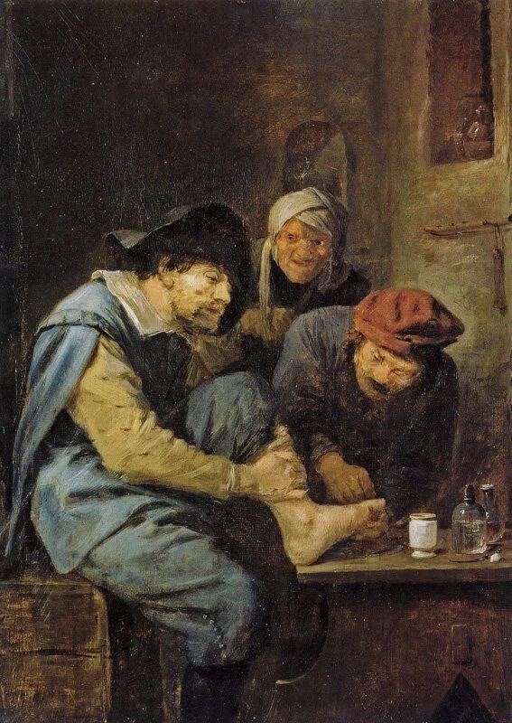 De kapperschirurg door Adriaen Brouwer, Vlaams, 17e eeuw. Als we ons idee van de menselijke persoon beperken tot lichaam-als-machine, zijn onze moderne artsen dan niet gewoon verheerlijkte hoogopgeleide kappers? Ik zou het zo willen beweren, behalve dat de kapper in ieder geval meestal voldoende geïnteresseerd is als persoon om te vragen waar je naartoe gaat voor je vakantie. Geen enkele dokter heeft me dat ooit gevraagd!