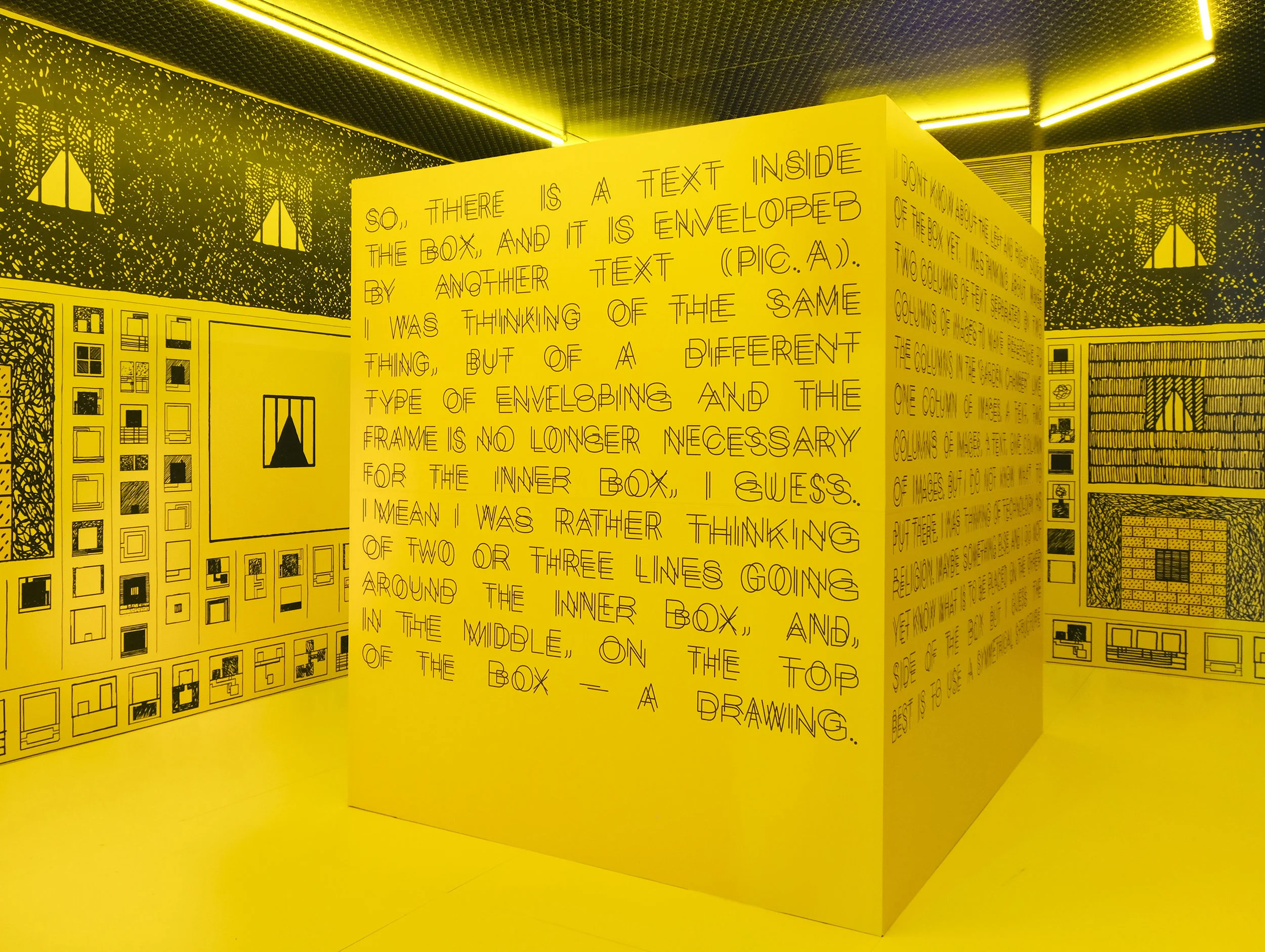 Room 1. Wall murals composed of Halley’s painting studies from the 1980s. Text by Elena Sorokina.