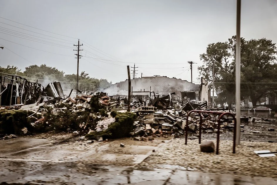A building in ruins after a night of riots in Kenosha.