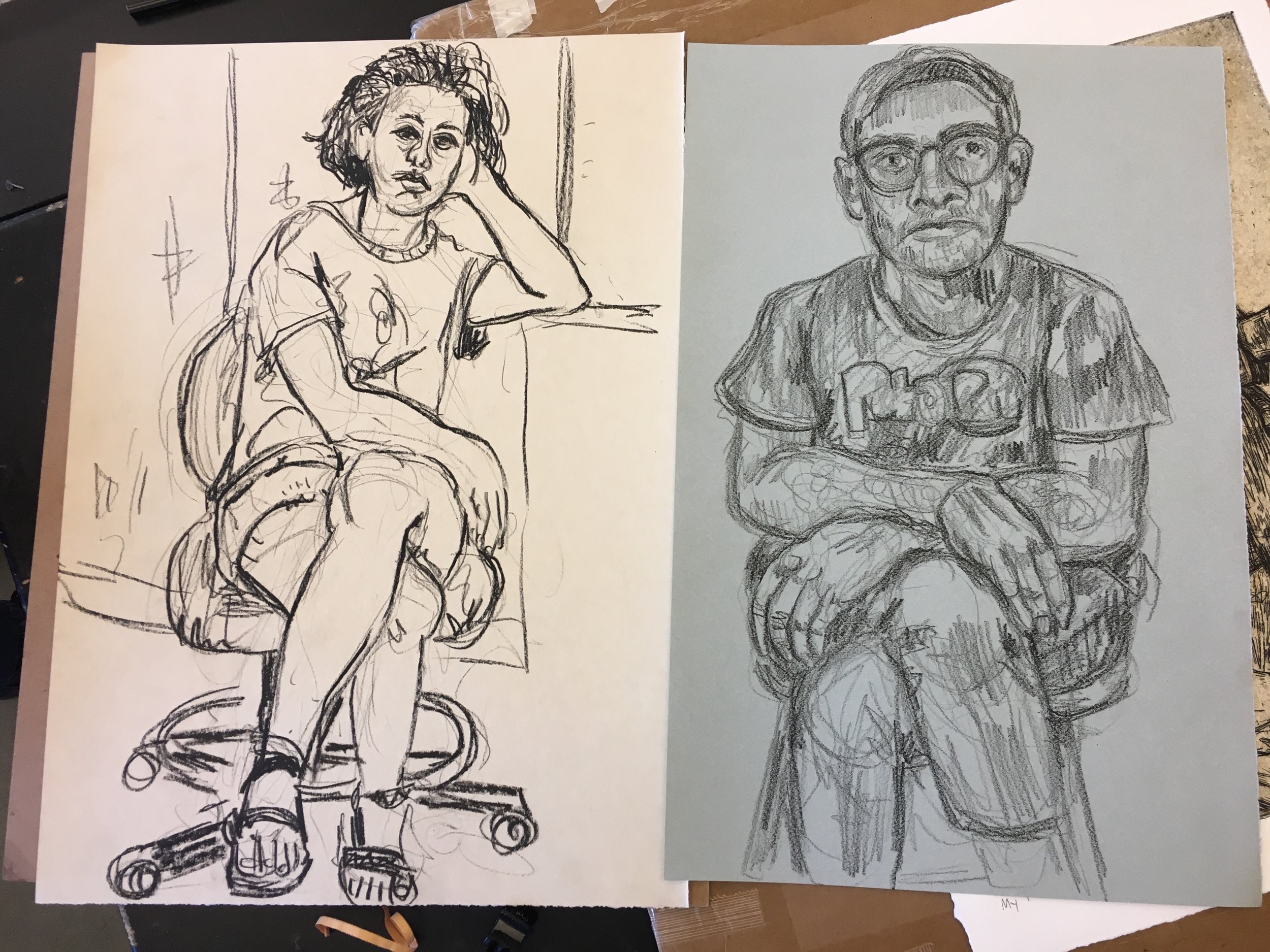 Trading portraits before leaving (drawing on left by Teddy Lepley) / Muncie IN