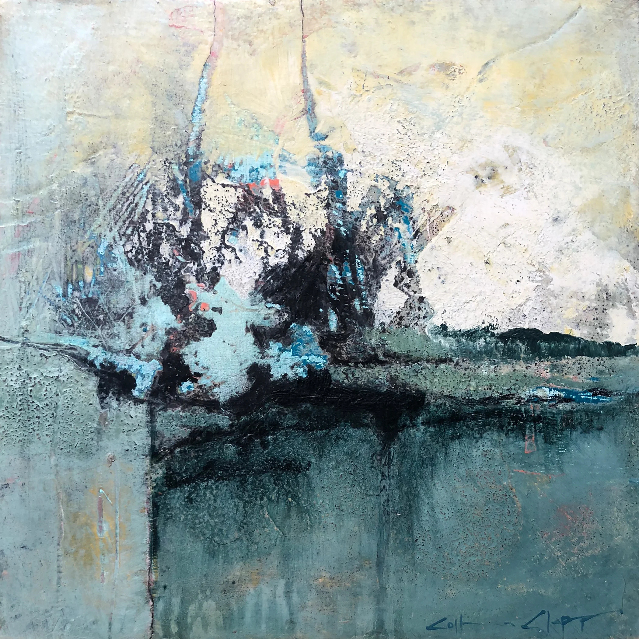 Collision in Teal Cold Wax & Oil on Panel 12” x 12” Sold