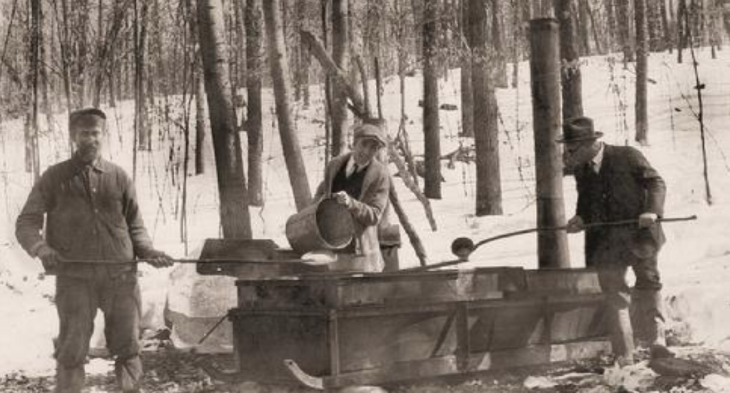 Sugar Camp south of Baraboo, April, 1924. L-R: William Hazeltine, Eugene Heukr, Rev. E.C. Heukr.