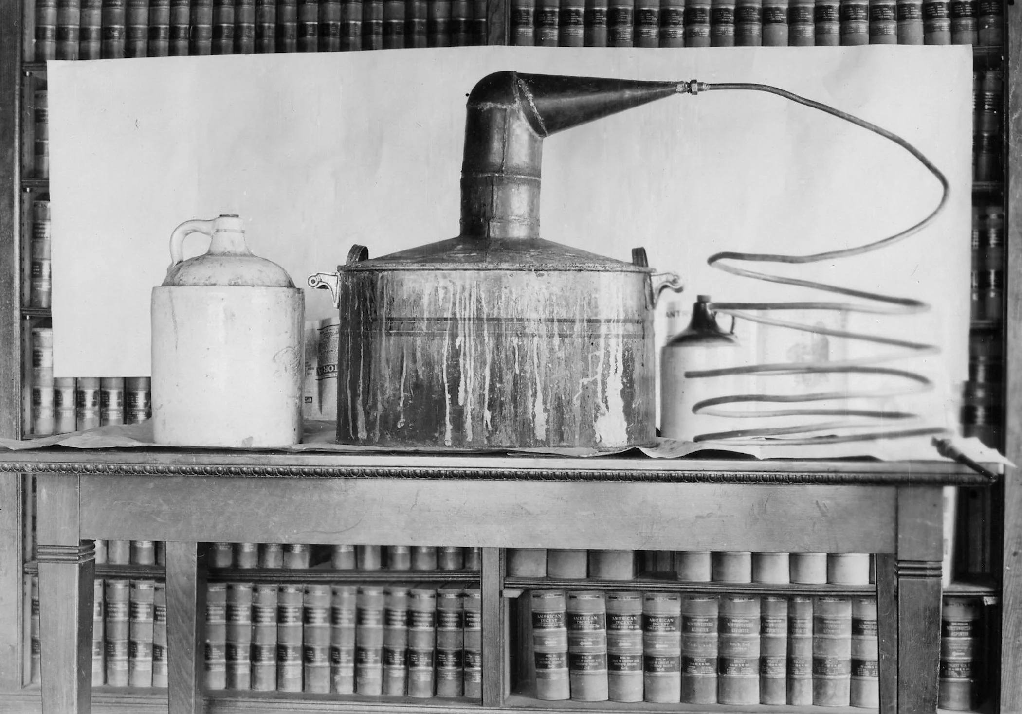 This undated photo of a still was displayed in the law library at the Sauk County Courthouse. It may ultimately have been donated to the WWII scrap metal drive, as attempts to locate it have failed.