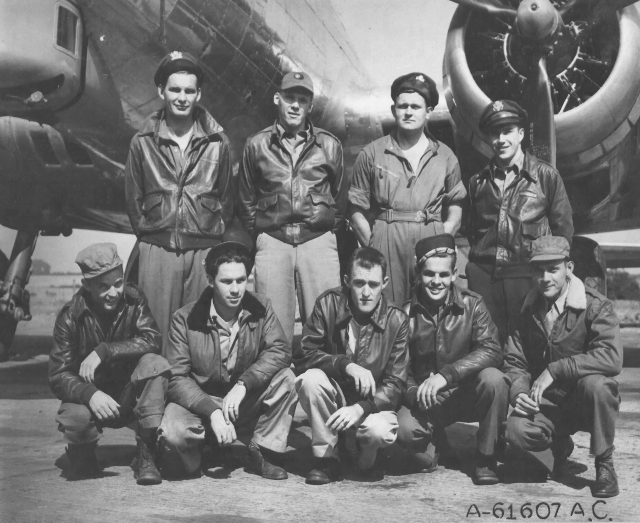 JACK R. HILLARY CREW - 359th BS (crew assigned 359BS: 16 July 1944) (Back L-R) 2Lt Jack R. Hillary (P-KIA); 2Lt William Robertson III (CP-KIA); 2Lt John E. Rice (N-KIA); 2Lt Rocco De Filippis (B-KIA) (Front L-R) Sgt Neldon Reid Bishop(BT-POW)(1 ); S/Sgt George E. Paul (E-KIA); Sgt Harry R. Sansum (WG-KIA)(2); S/Sgt Eugene E. Girman (R-POW)(1); Sgt James R. Watson (TG-POW) Photo courtesy of www.303rdBG.com .
