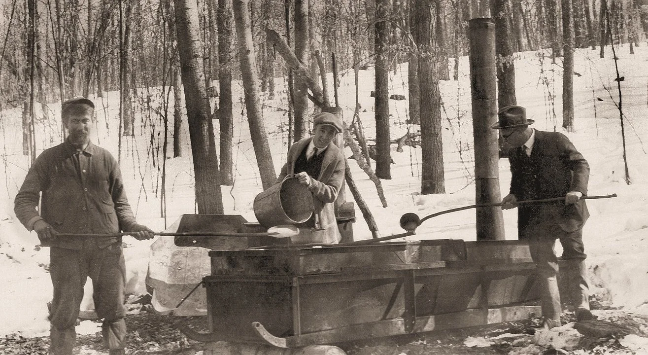 Sugar Camp south of Baraboo, April, 1924. L-R: William Hazeltine, Eugene Heukr, Rev. E.C. Heukr.