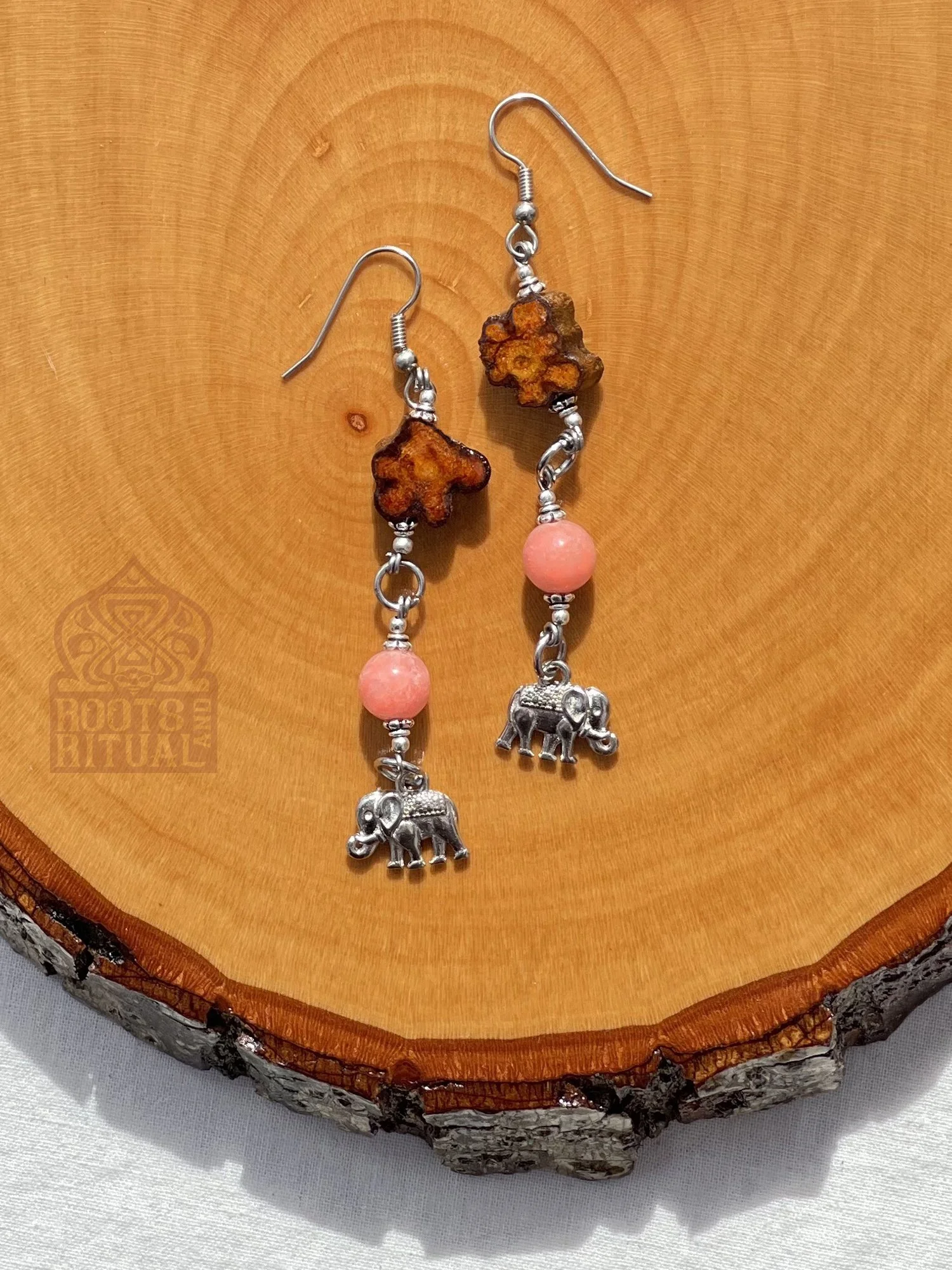 Ayahuasca Earrings: Rhodochrosite + Elephant