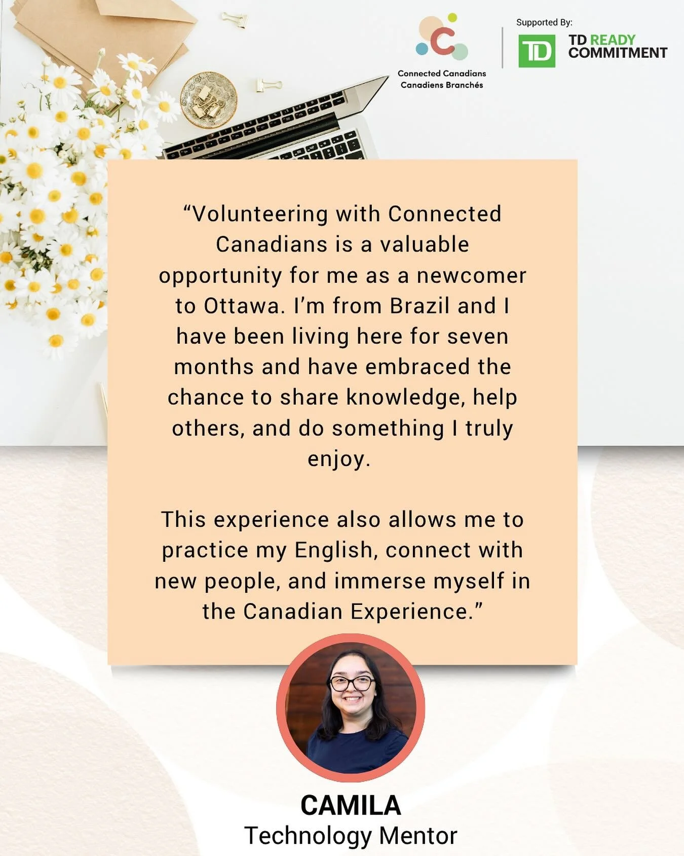 Our technology mentors bring passion, heart, and top-tier expertise to every session.

Meet Camila Bueno, originally from Brazil, whose dedication is helping make technology and community more accessible for all.
Thank you to @td_canada.

#ConnectedC