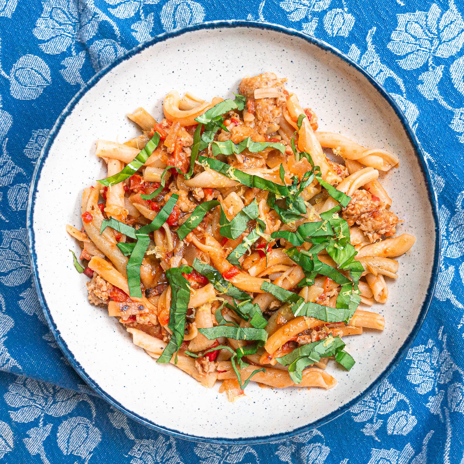 TROFIE PASTA WITH ITALIAN SAUSAGE AND ROASTED RED PEPPERS