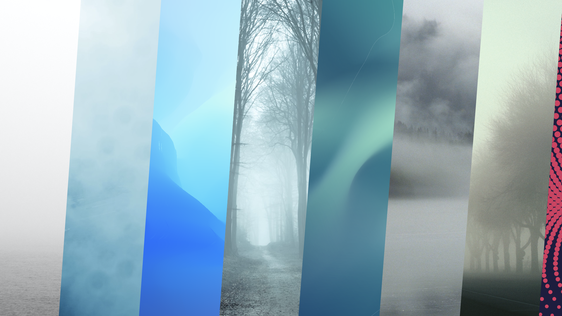 Graphic promoting the blog post Welcome to the Fog - featuring seven angled crops of various visual interpretations of "fog"