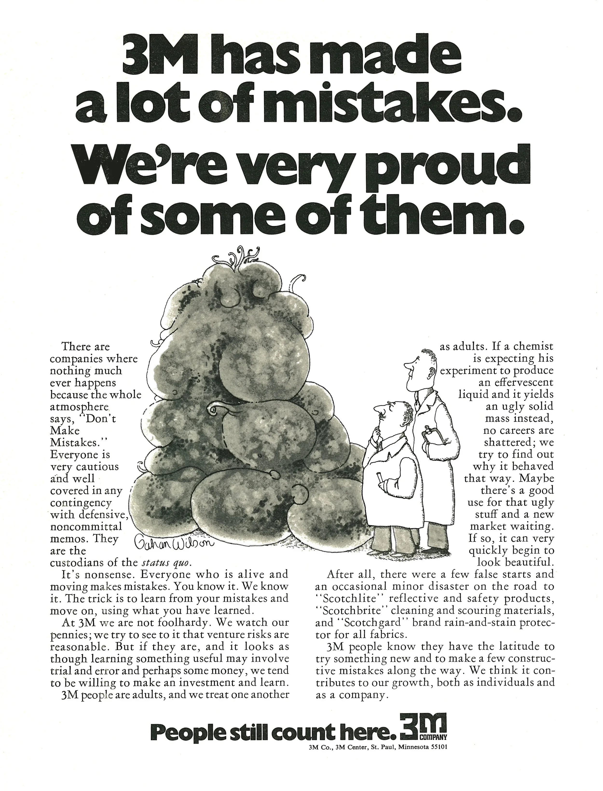 Graphic promoting the blog post "Mistakes, failure and growth" - featuring a 1980s print ad from 3M with the headline: 3M has made a lot of mistakes. We're very proud of some of them."