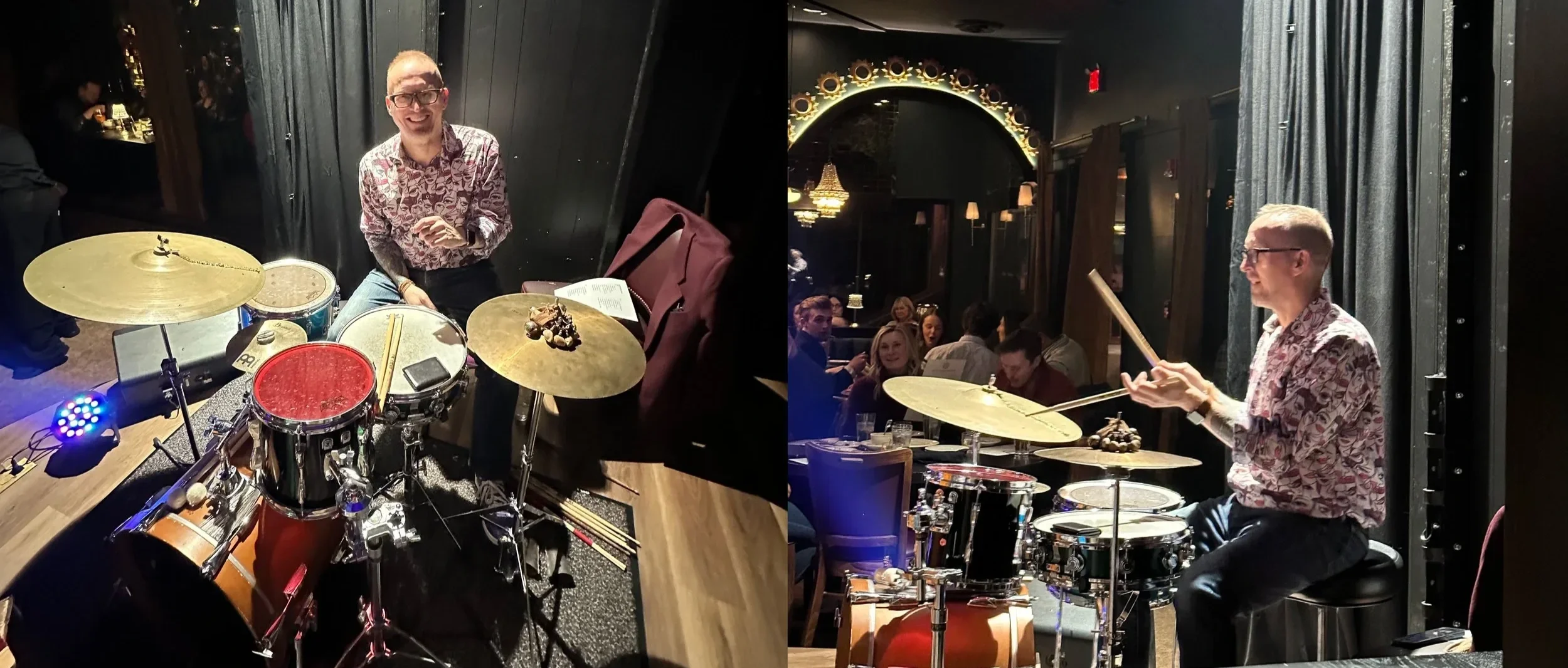 Two photos of Tim Brunelle playing the drums at a nightclub.
