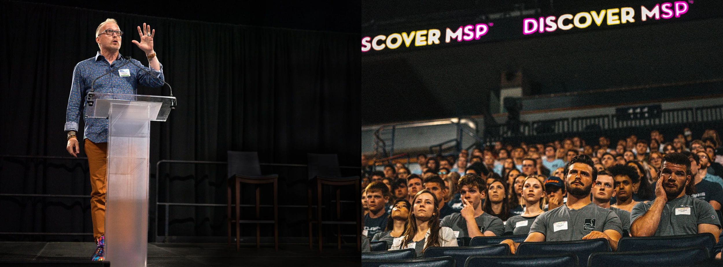 Photo of Tim Brunelle speaking at the GreaterMSP "Discover MSP" event at Target Center, Minneapolis - left side Tim speaking, right side audience listening.
