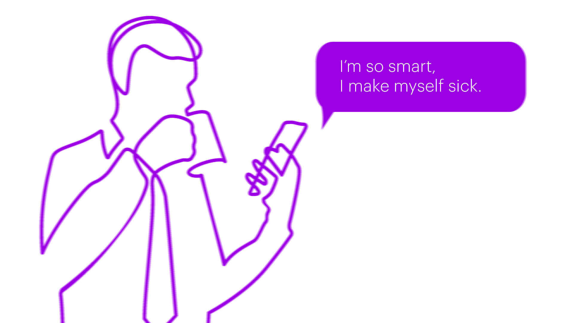 Graphic promoting the blog post "Harnessing creativity and innovation" - featuring a purple single line cartoon of a man drinking coffee whole observing a smartphone which emits a talk bubble saying "I'm so smart I make myself sick"