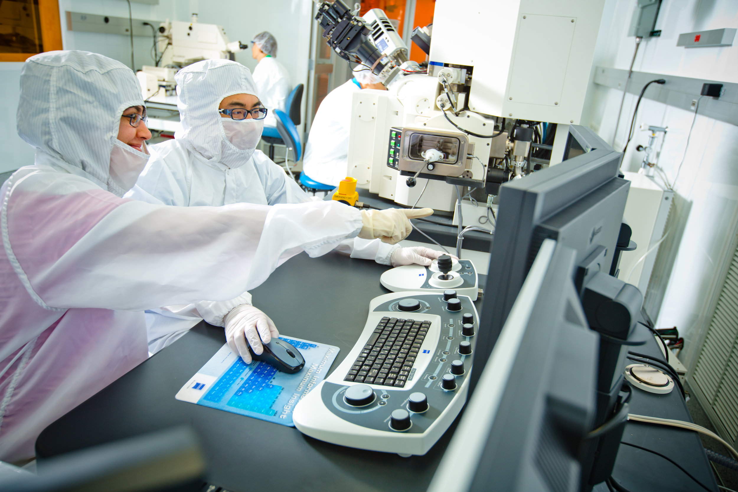  Portrait of Natalia Litchinitser and Photos of Graduate Students working in the Clean Room&nbsp; 