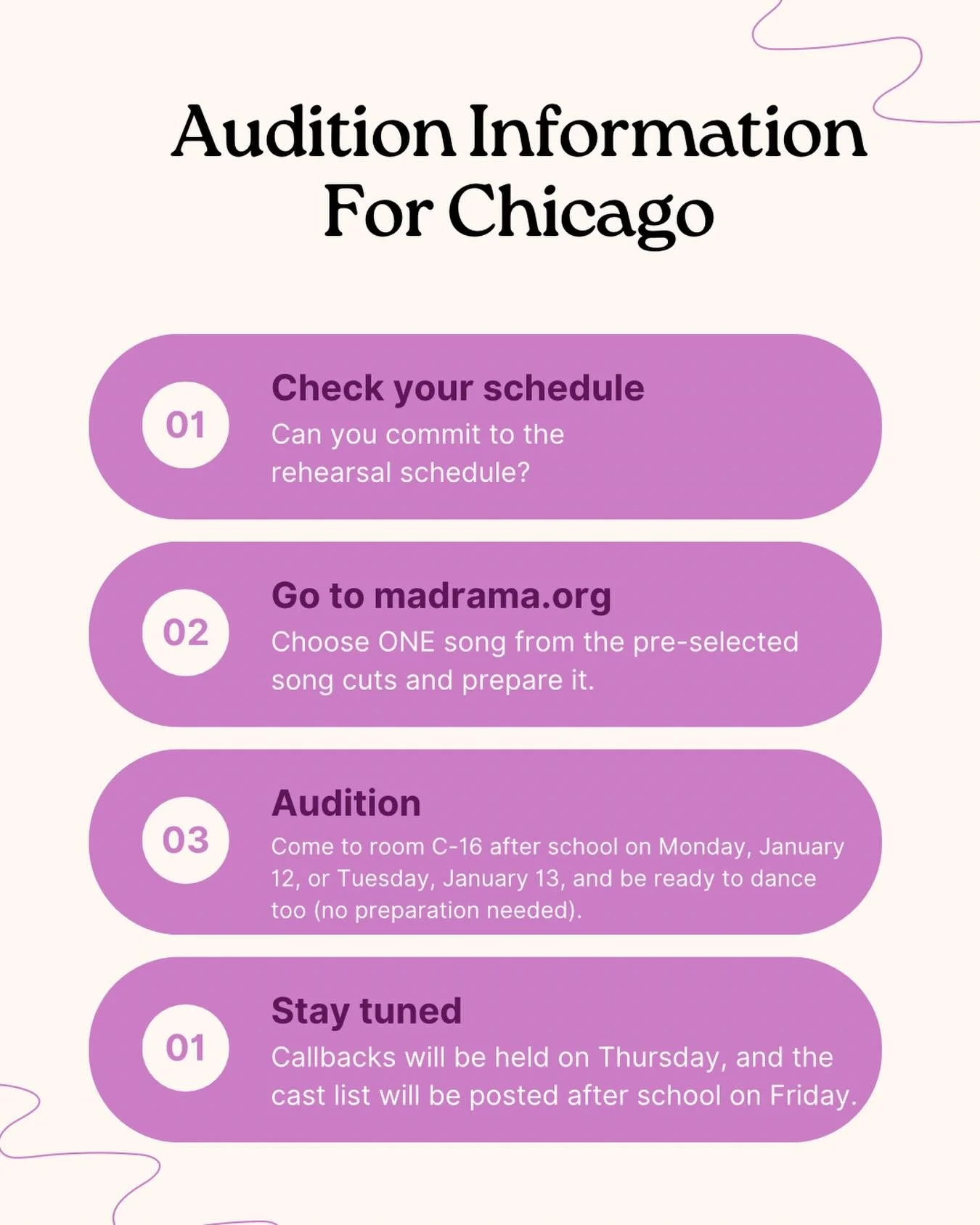 Audition information for the spring musical! DM us if you have any questions!!